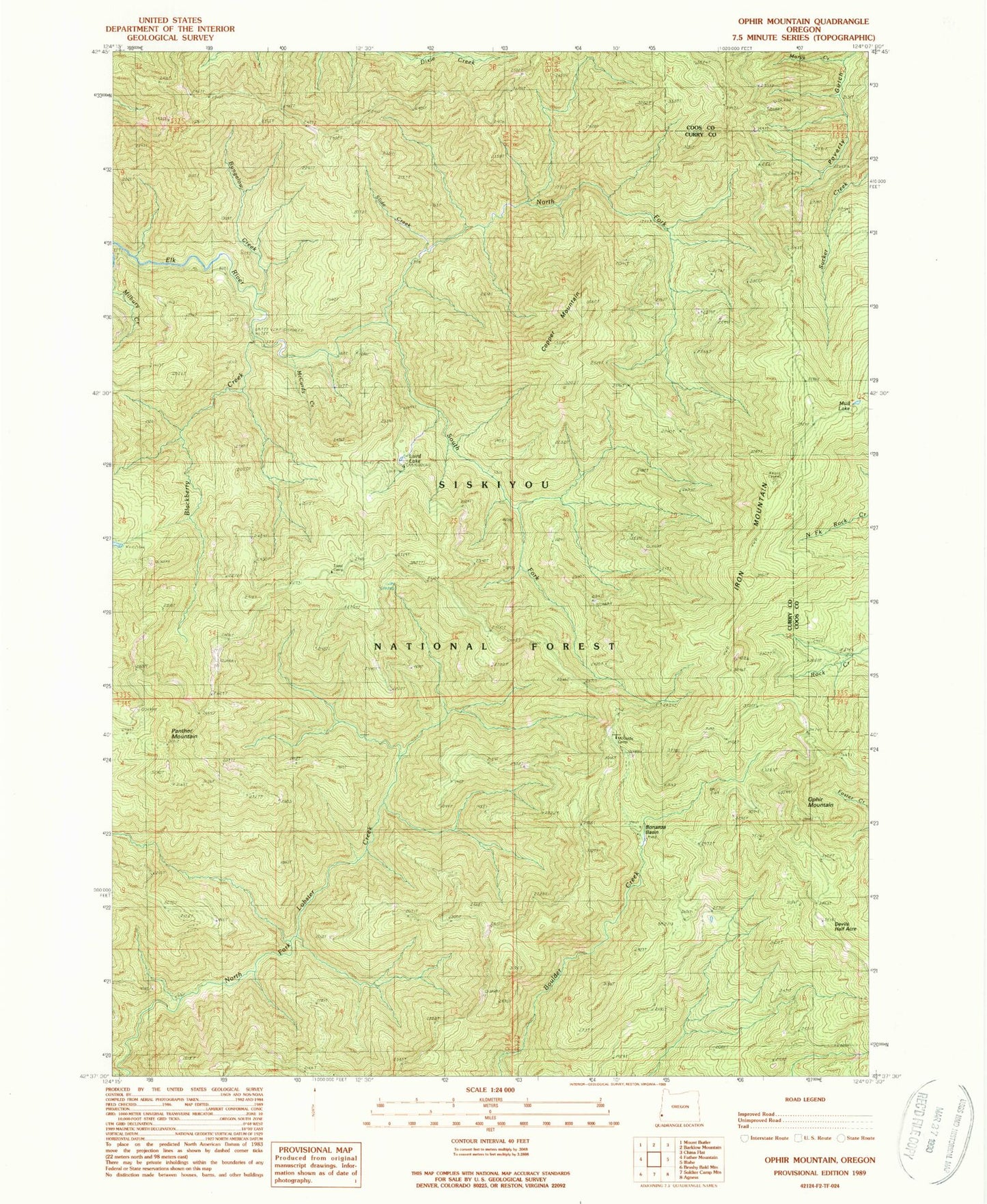 Classic USGS Ophir Mountain Oregon 7.5'x7.5' Topo Map Image