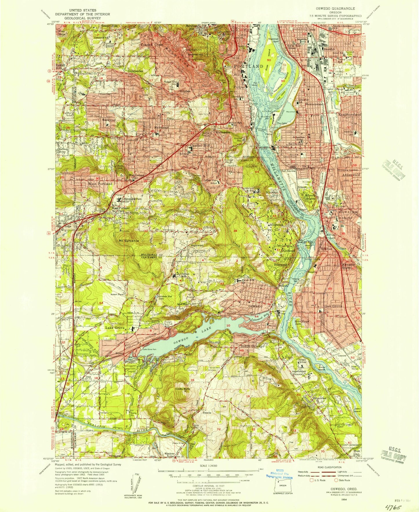 Classic USGS Lake Oswego Oregon 7.5'x7.5' Topo Map Image