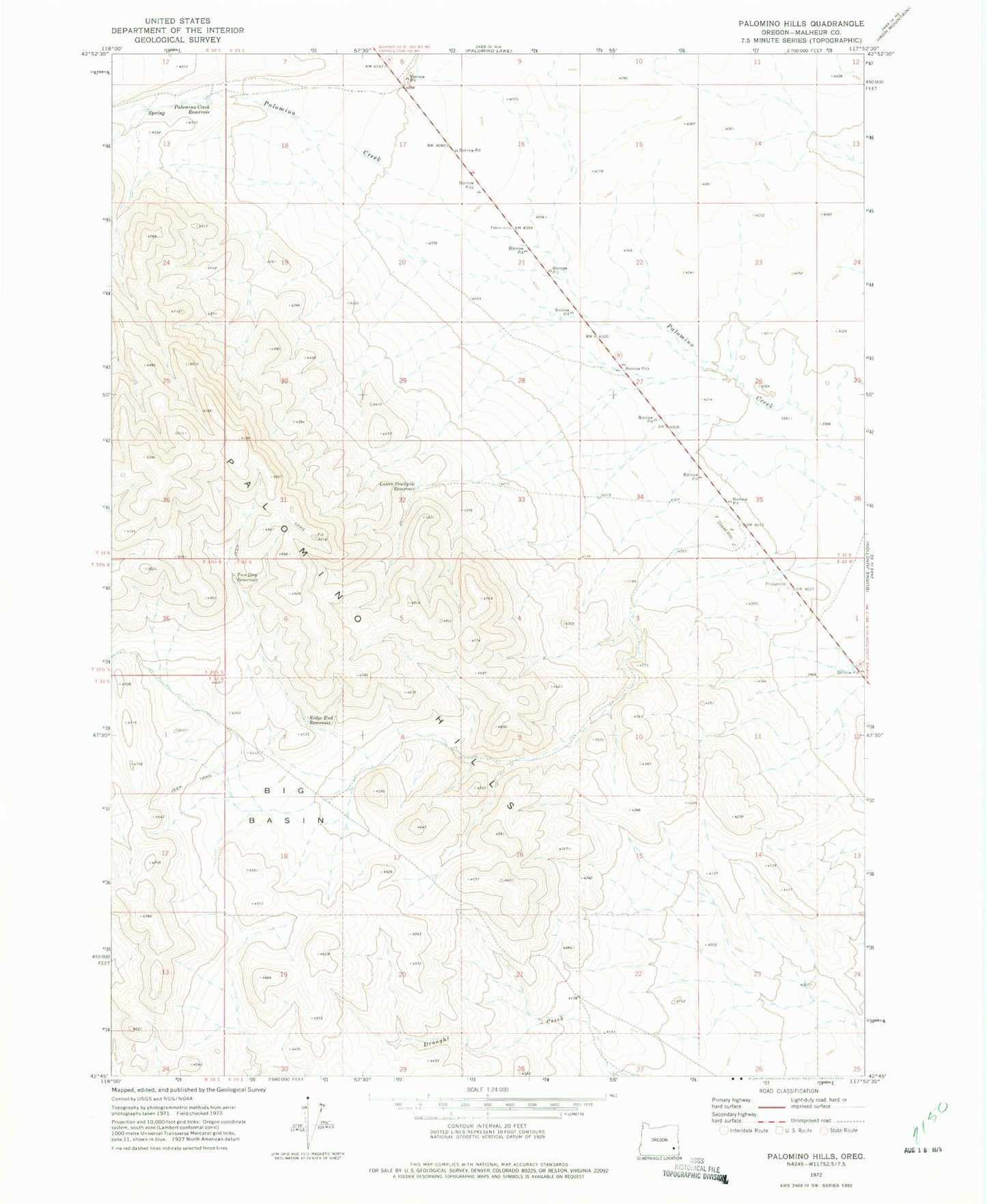 Classic USGS Palomino Hills Oregon 7.5'x7.5' Topo Map Image