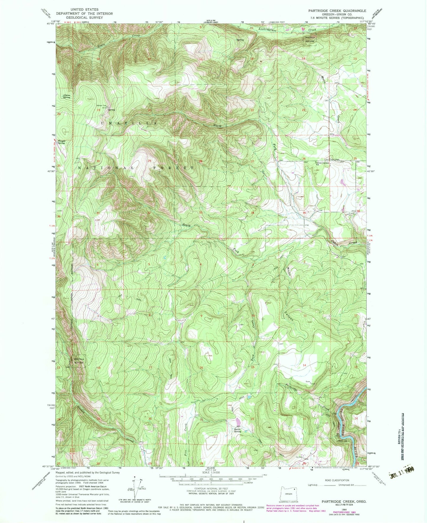 Classic USGS Partridge Creek Oregon 7.5'x7.5' Topo Map Image