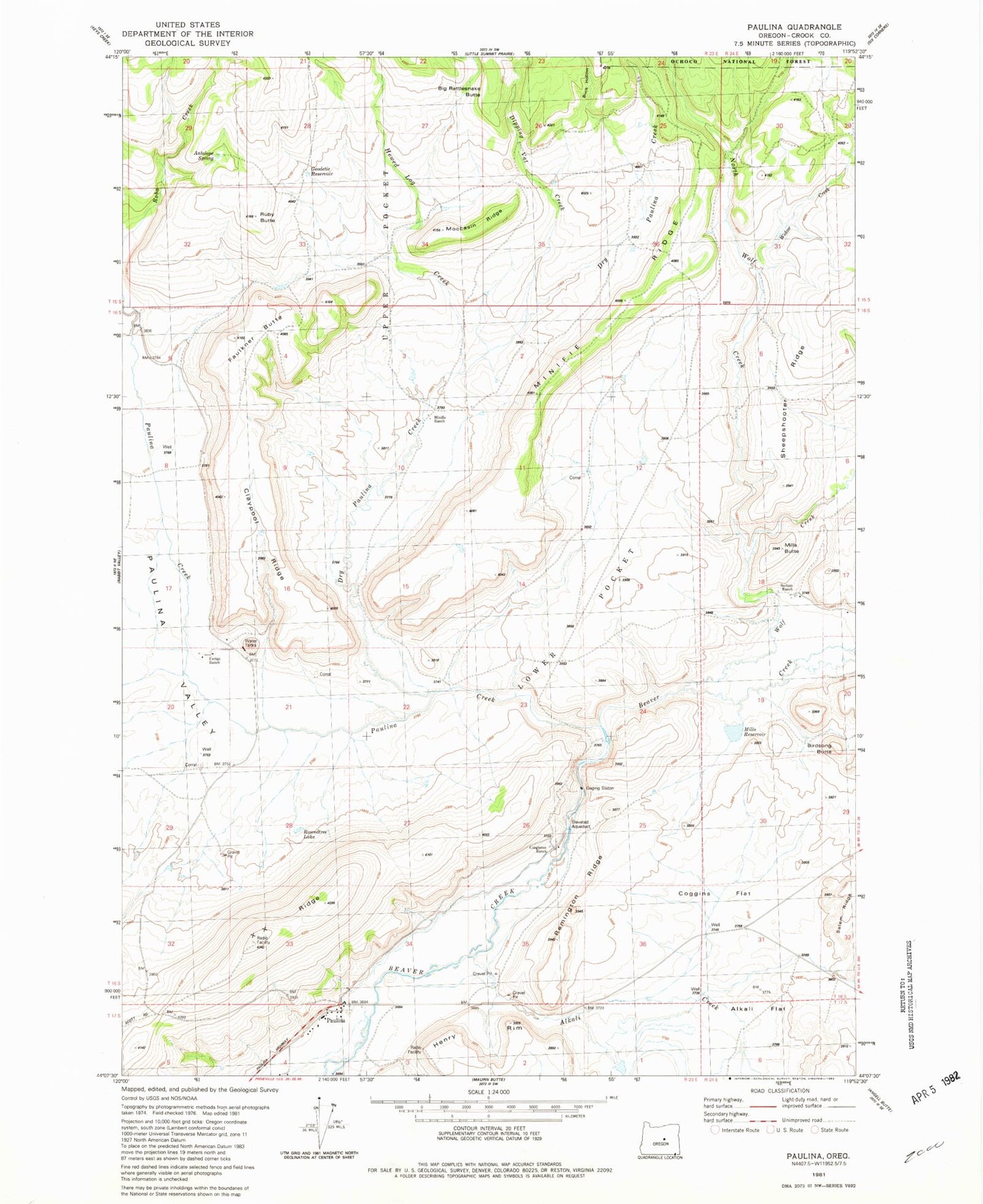 Classic USGS Paulina Oregon 7.5'x7.5' Topo Map Image