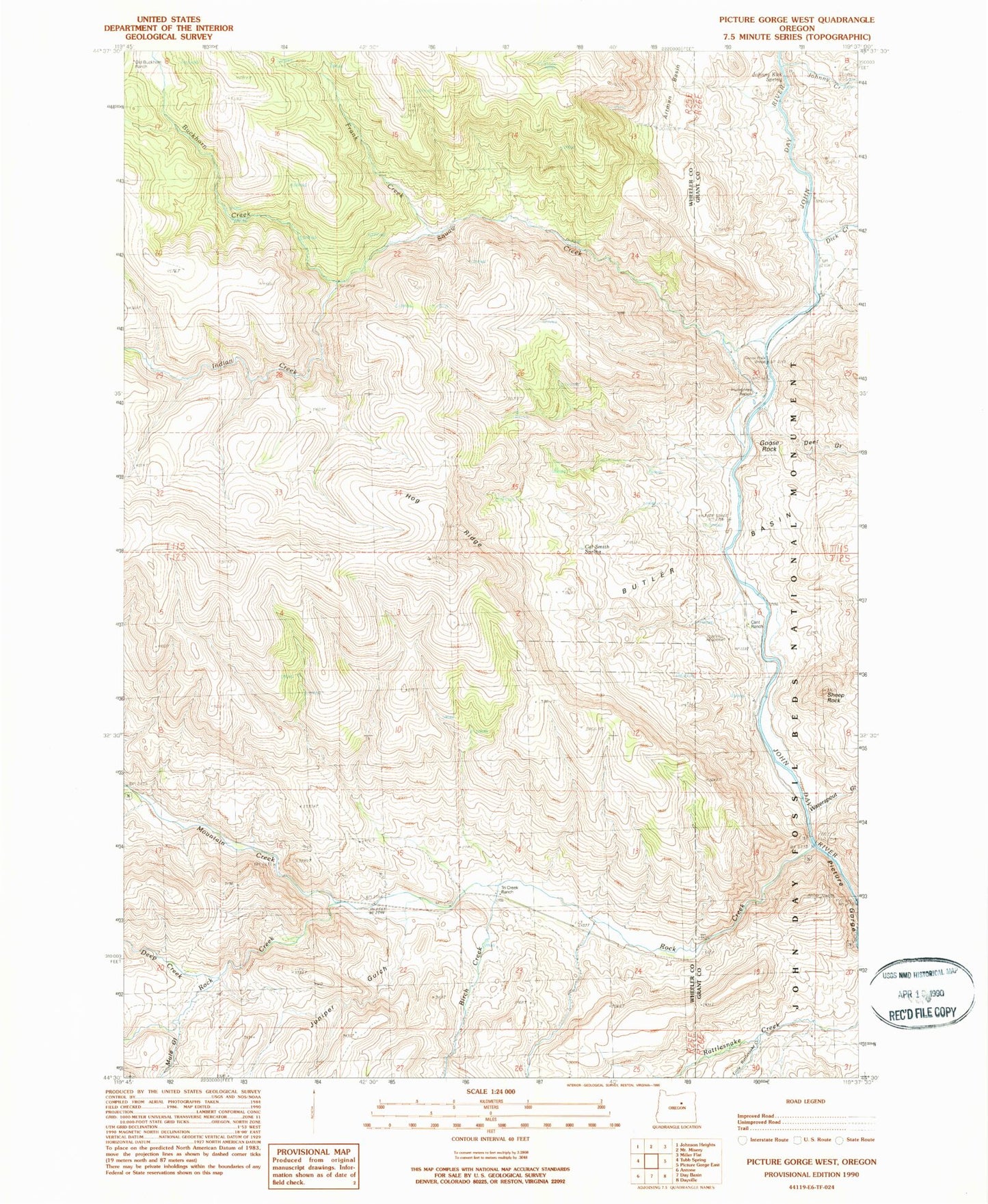 Classic USGS Picture Gorge West Oregon 7.5'x7.5' Topo Map Image