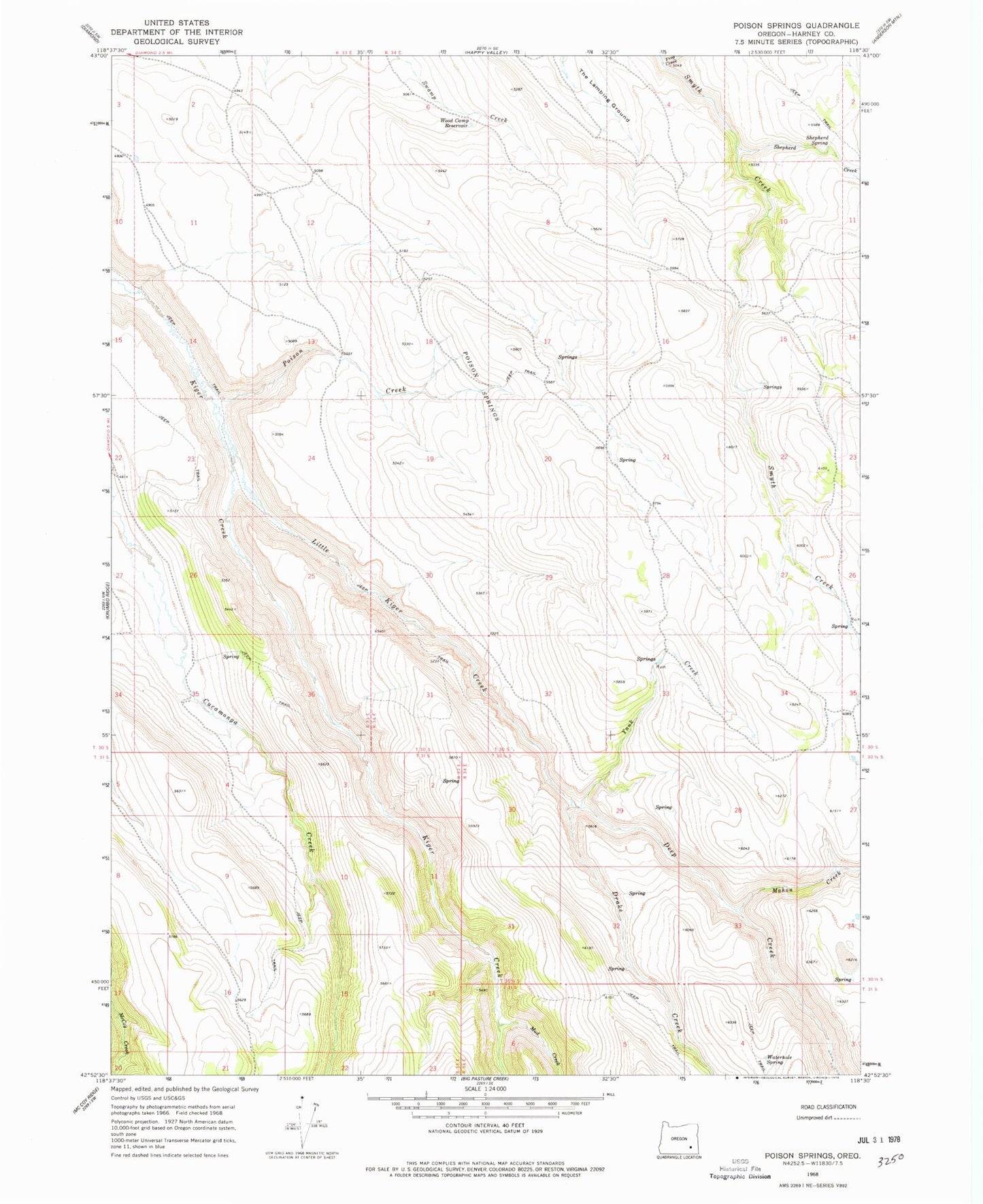 Classic USGS Poison Springs Oregon 7.5'x7.5' Topo Map Image