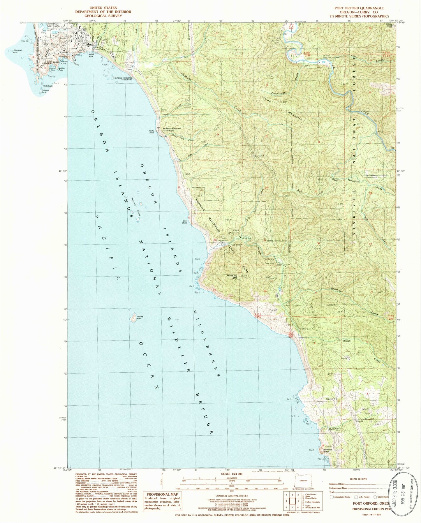 Classic USGS Port Orford Oregon 7.5'x7.5' Topo Map Image