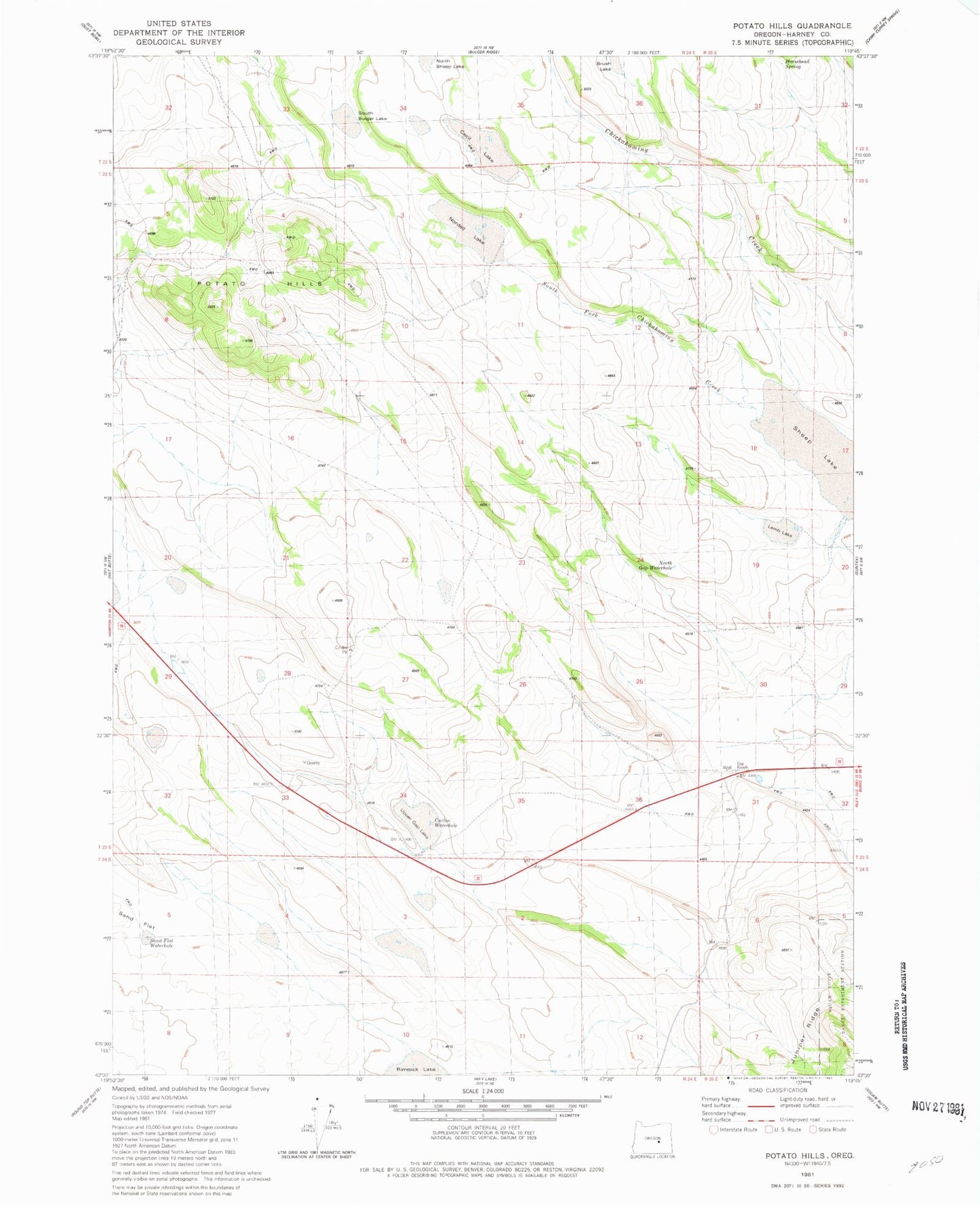 Classic USGS Potato Hills Oregon 7.5'x7.5' Topo Map Image
