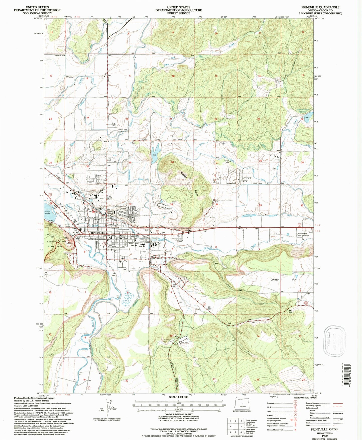Classic USGS Prineville Oregon 7.5'x7.5' Topo Map Image