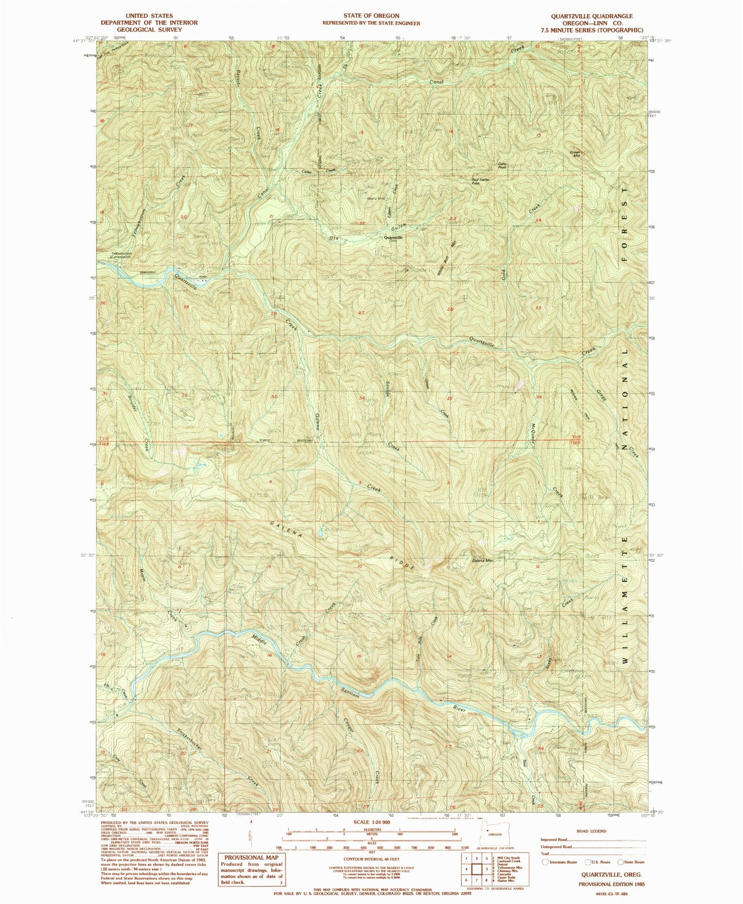 Classic USGS Quartzville Oregon 7.5'x7.5' Topo Map Image