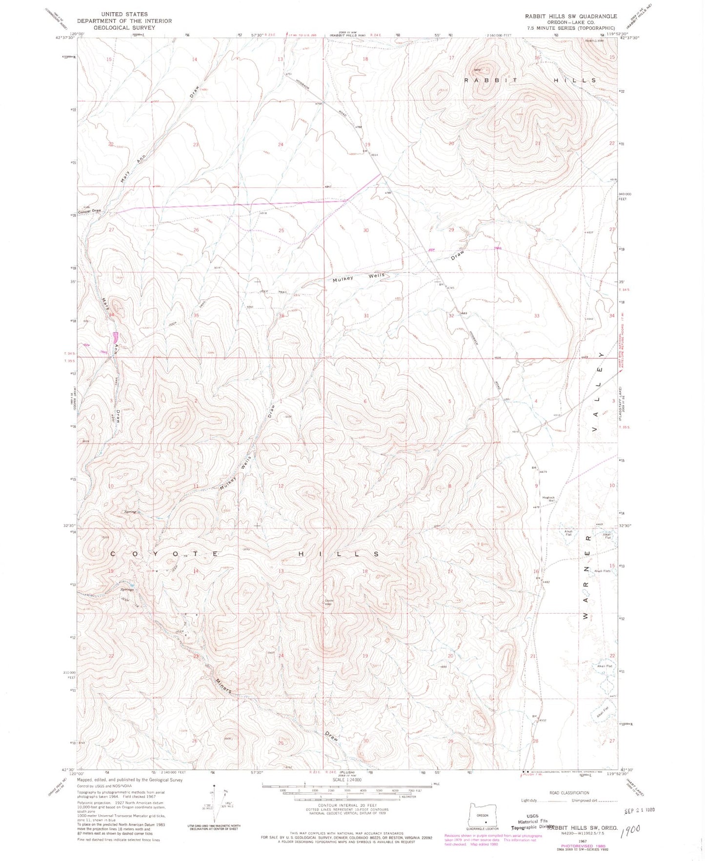 Classic USGS Rabbit Hills SW Oregon 7.5'x7.5' Topo Map Image
