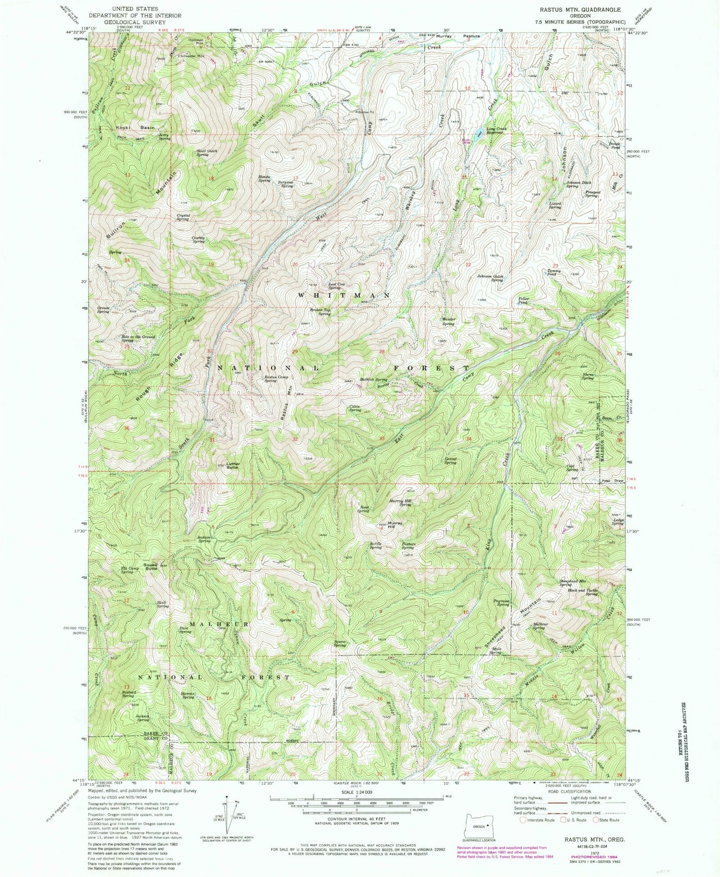 Classic USGS Rastus Mountain Oregon 7.5'x7.5' Topo Map Image