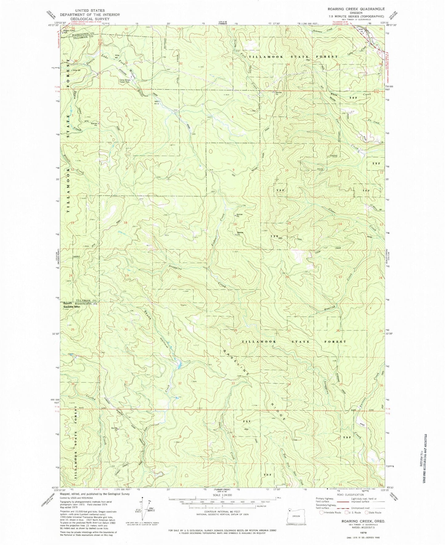 Classic USGS Roaring Creek Oregon 7.5'x7.5' Topo Map Image