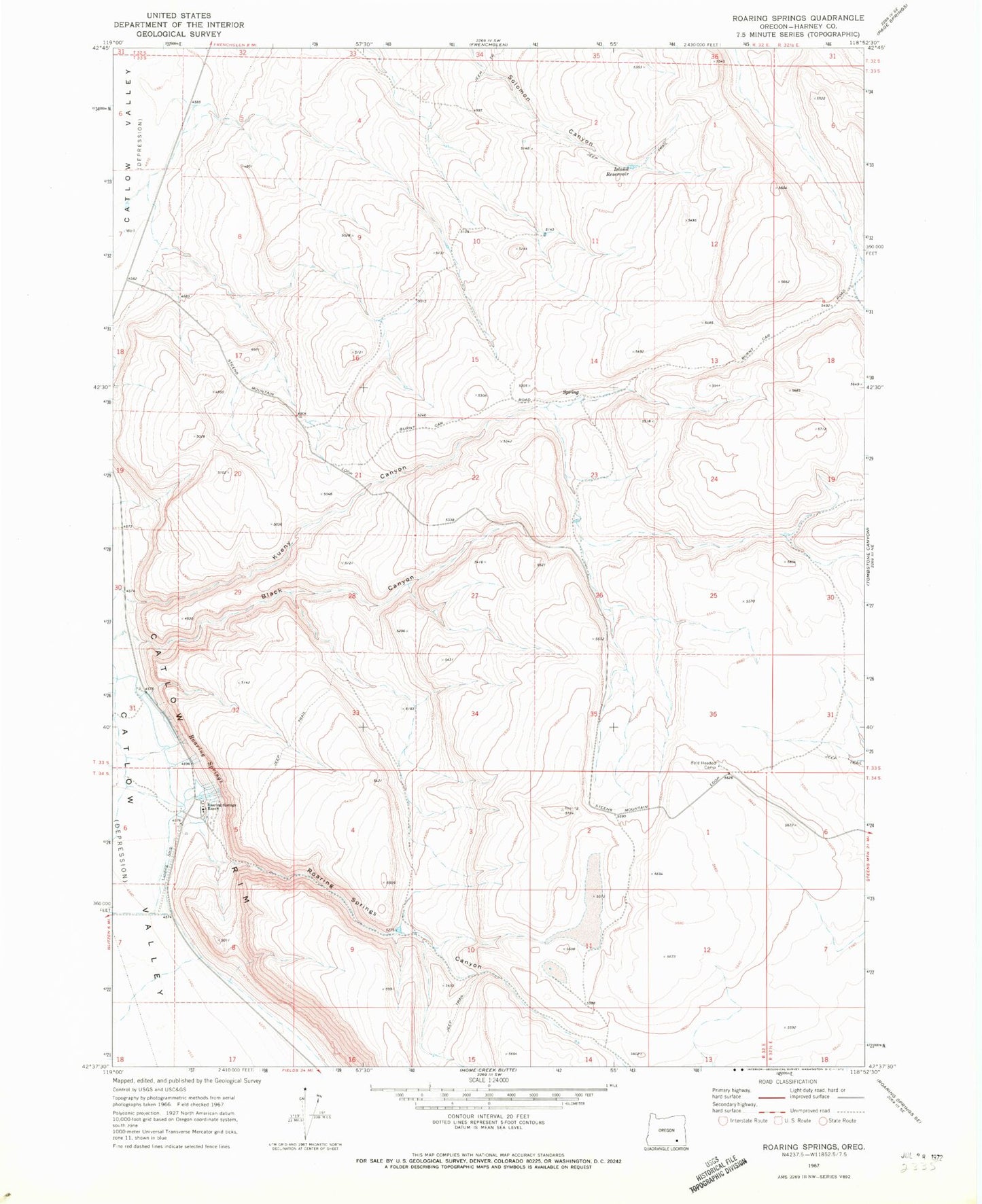 Classic USGS Roaring Springs Oregon 7.5'x7.5' Topo Map Image