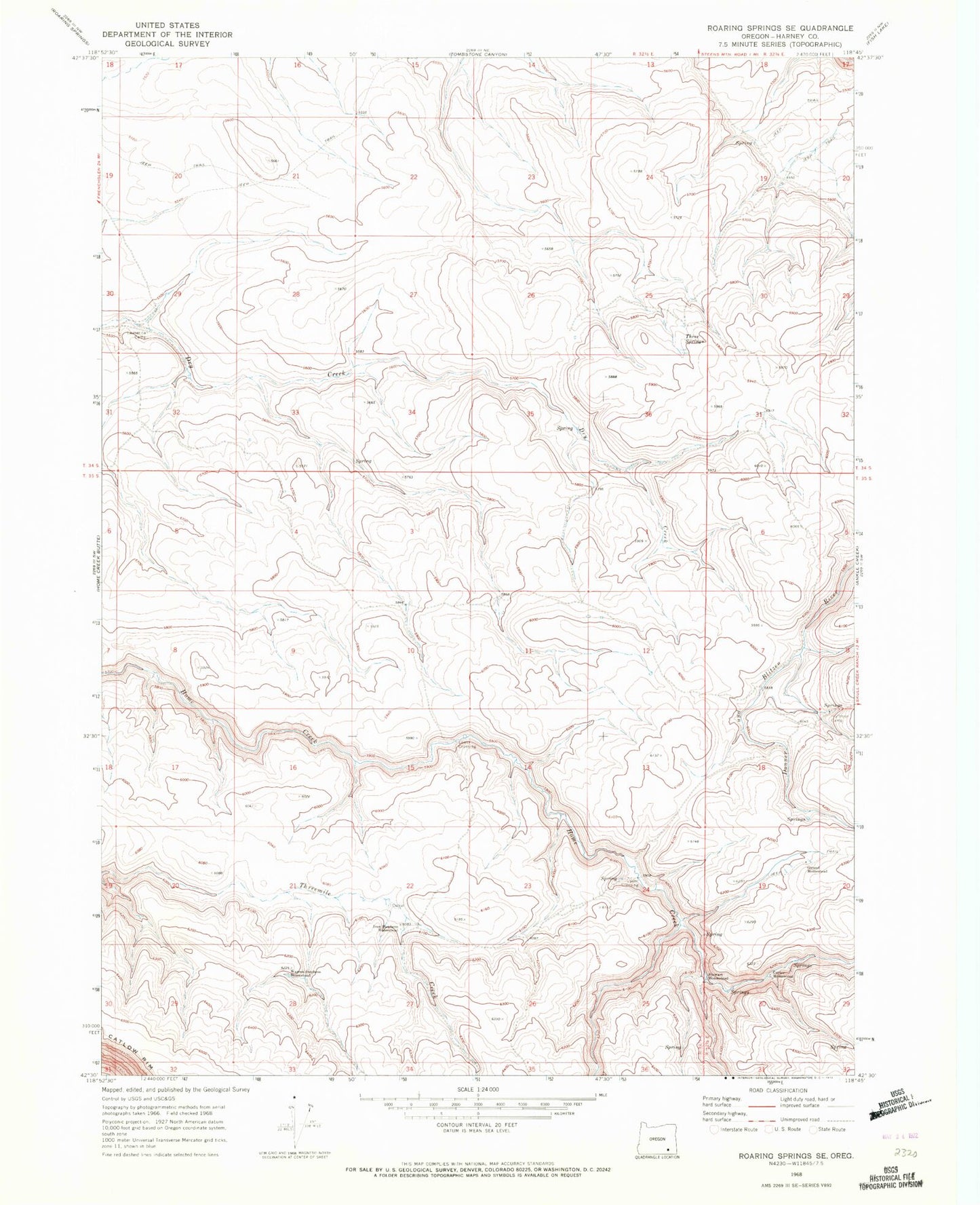 Classic USGS Roaring Springs SE Oregon 7.5'x7.5' Topo Map Image