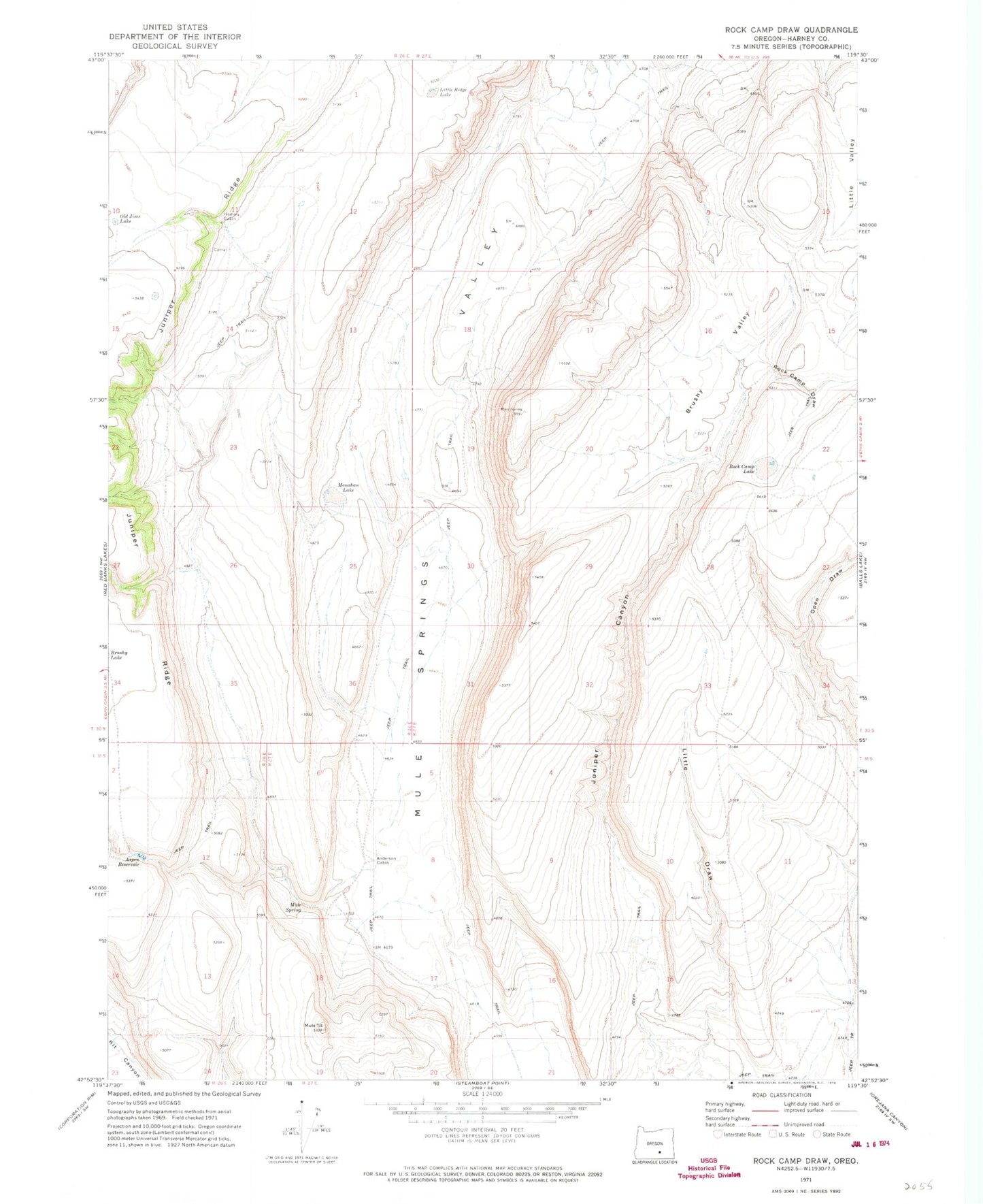 Classic USGS Rock Camp Draw Oregon 7.5'x7.5' Topo Map Image