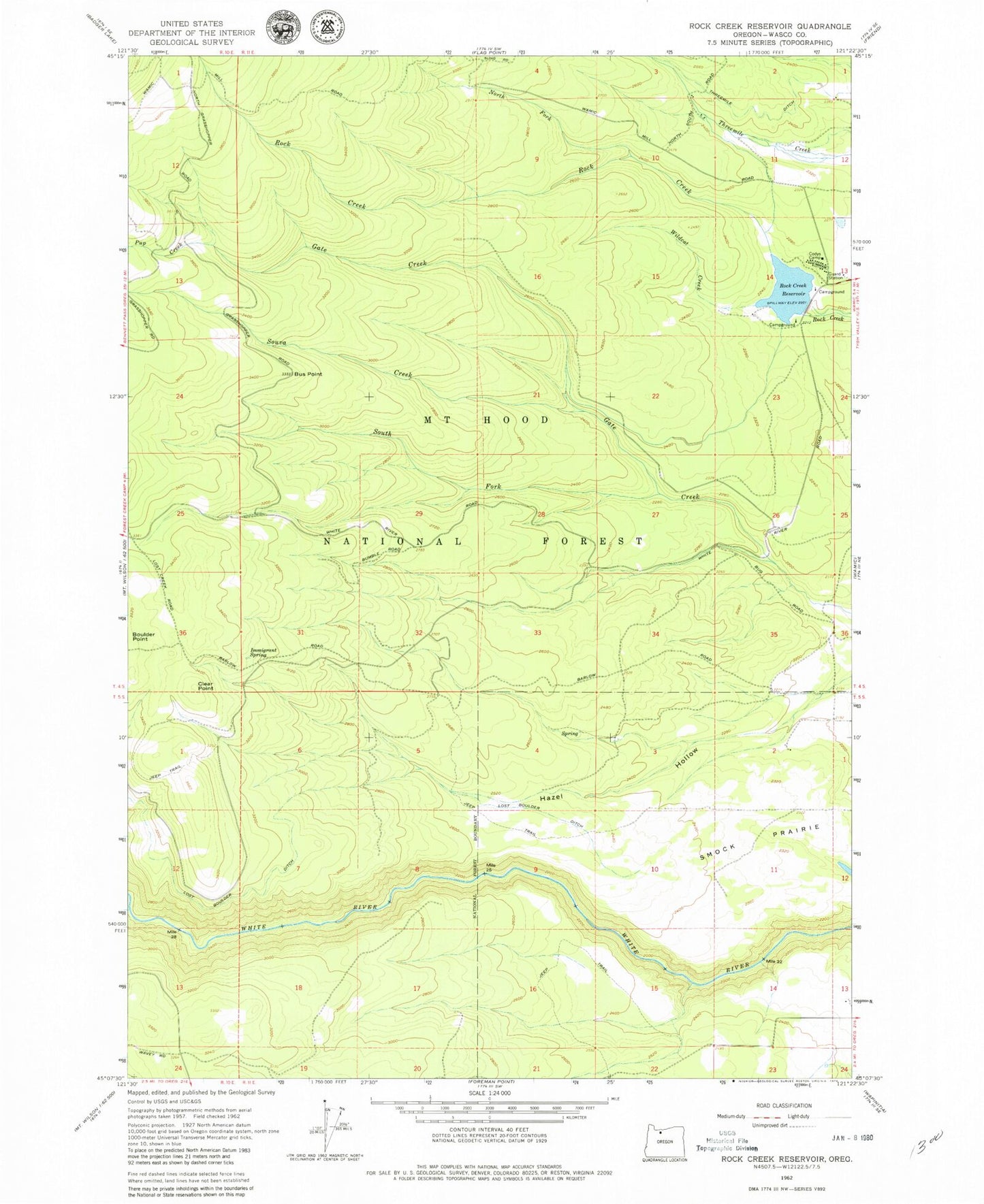 Classic USGS Rock Creek Reservoir Oregon 7.5'x7.5' Topo Map Image