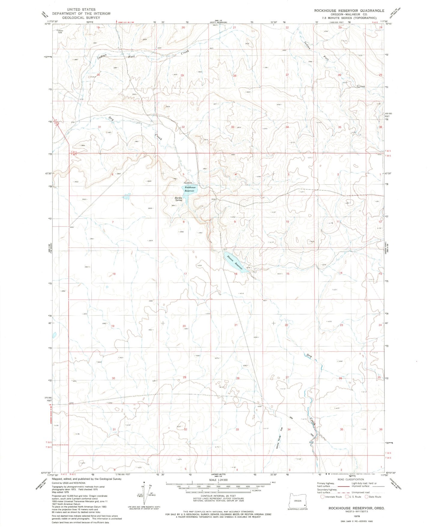 Classic USGS Rockhouse Reservoir Oregon 7.5'x7.5' Topo Map Image