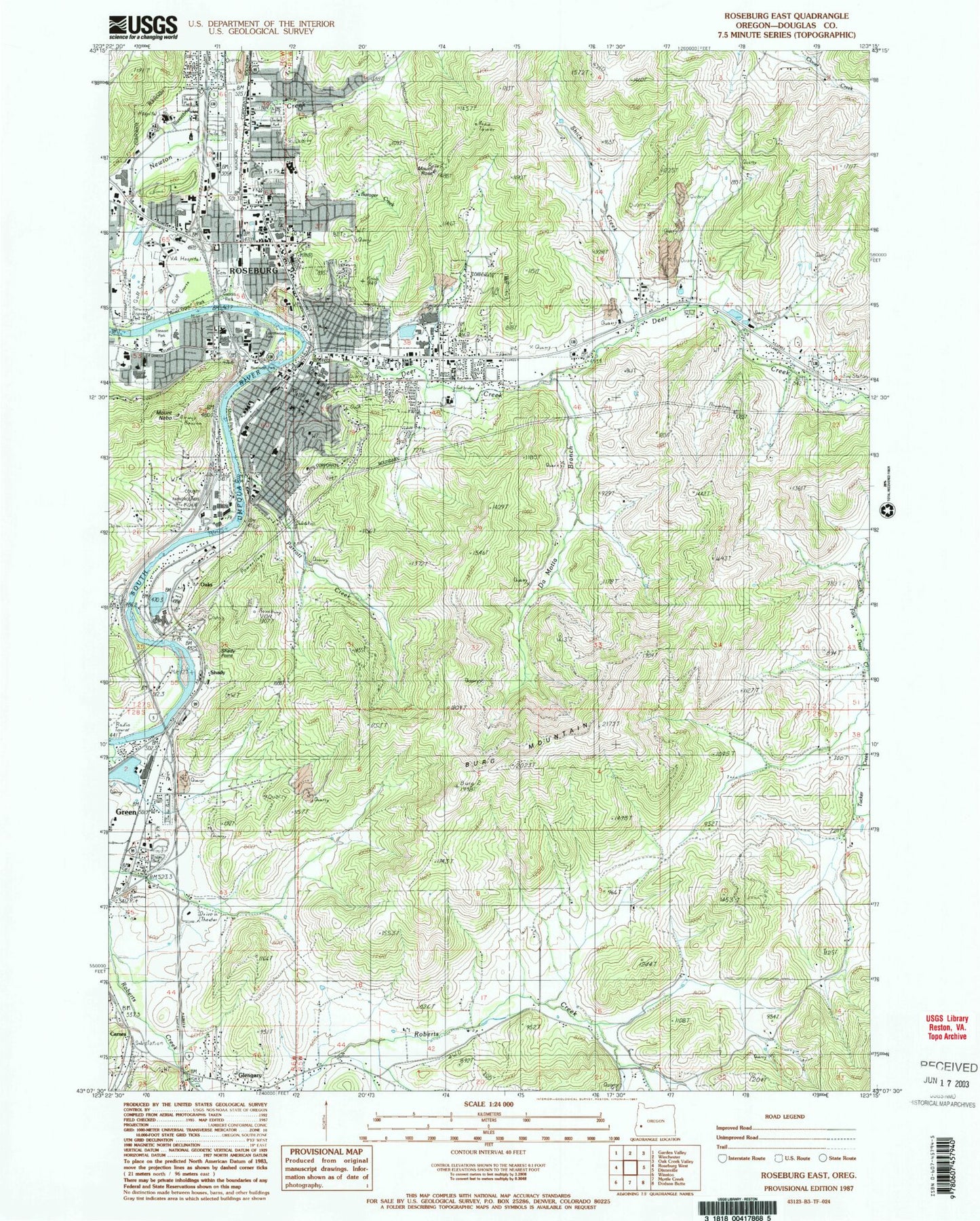 Classic USGS Roseburg East Oregon 7.5'x7.5' Topo Map Image