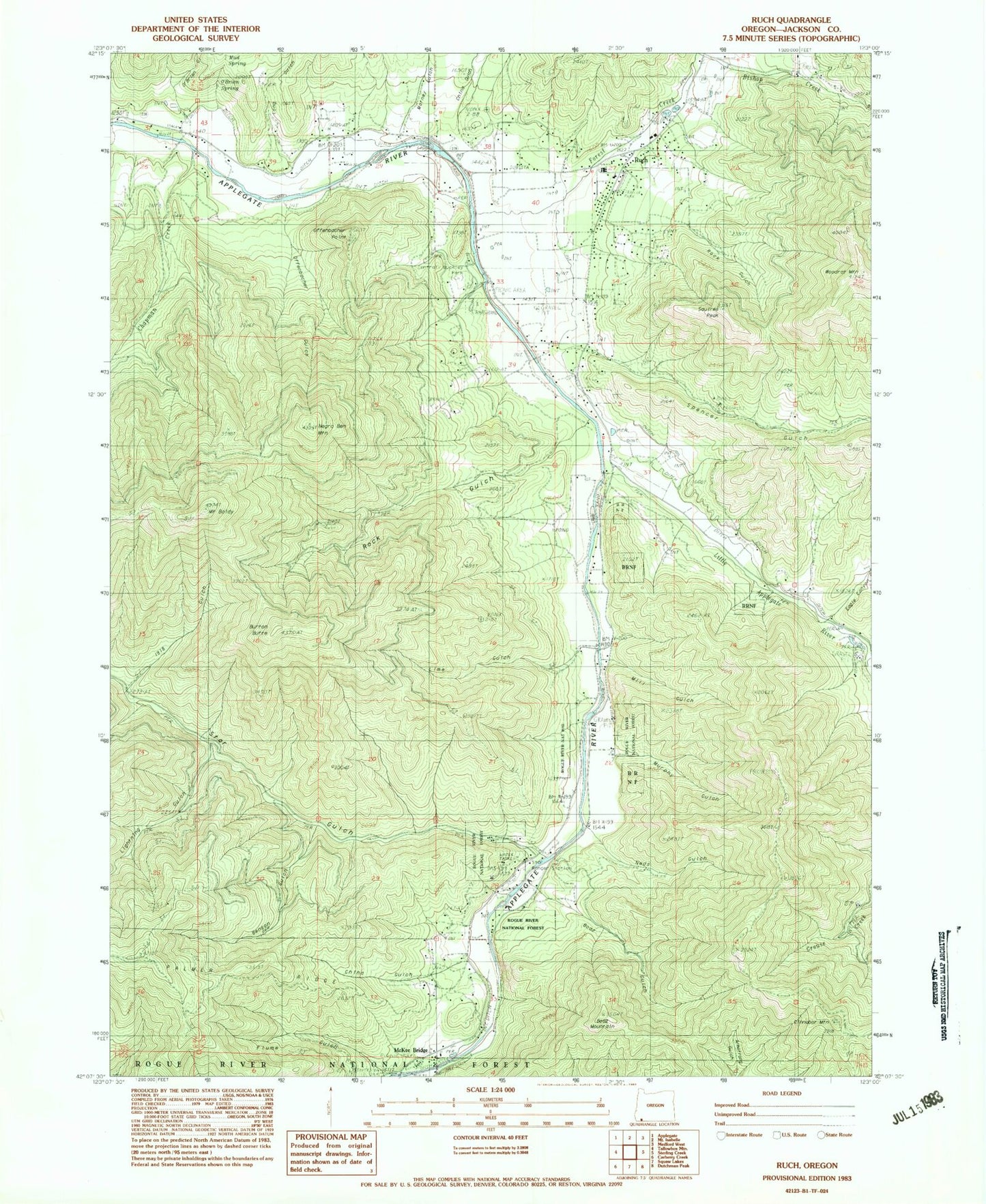 Classic USGS Ruch Oregon 7.5'x7.5' Topo Map Image