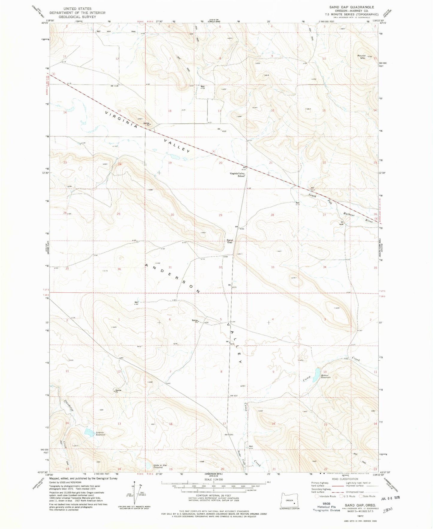 Classic USGS Sand Gap Oregon 7.5'x7.5' Topo Map Image