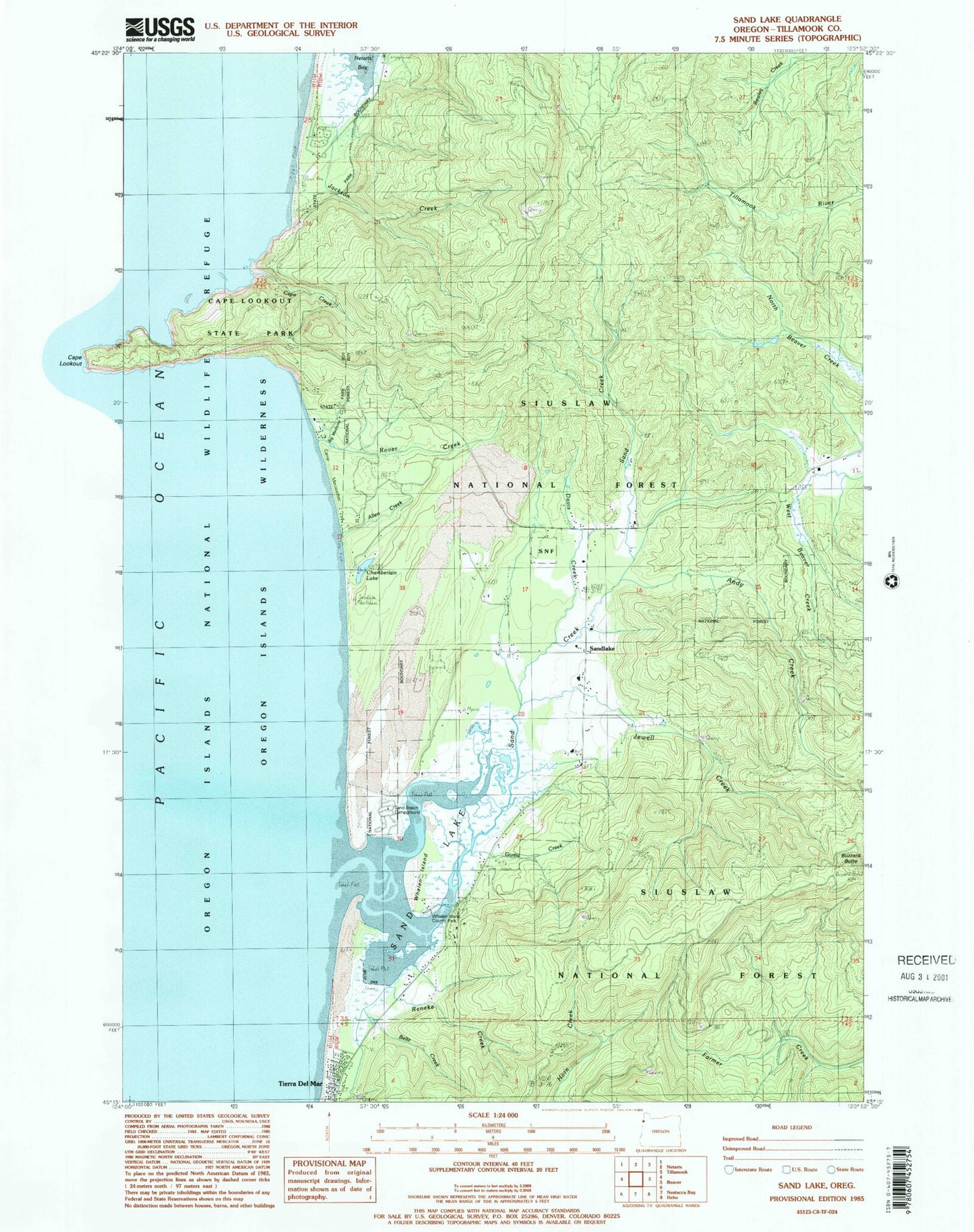 Classic USGS Sand Lake Oregon 7.5'x7.5' Topo Map Image