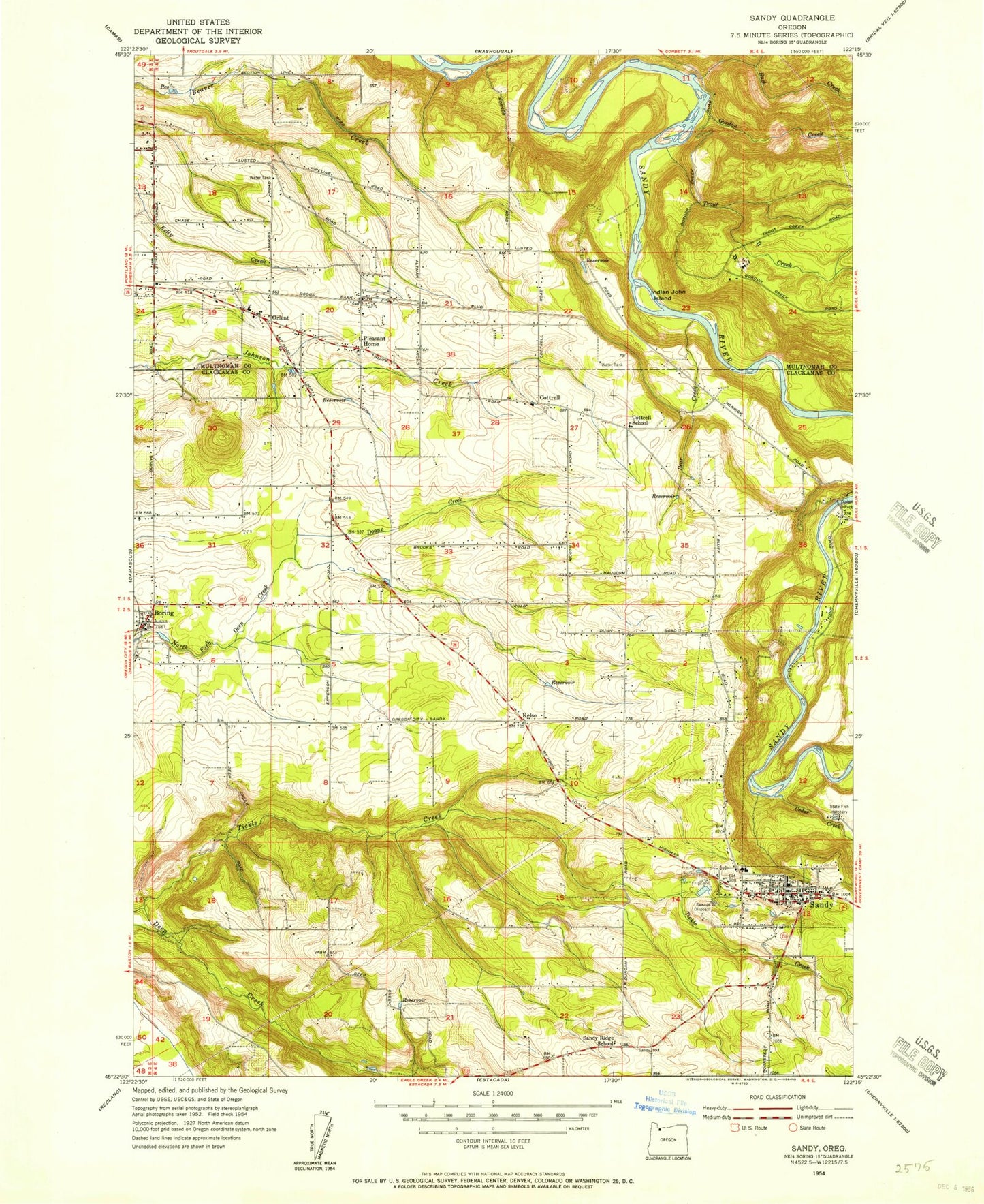 Classic USGS Sandy Oregon 7.5'x7.5' Topo Map Image