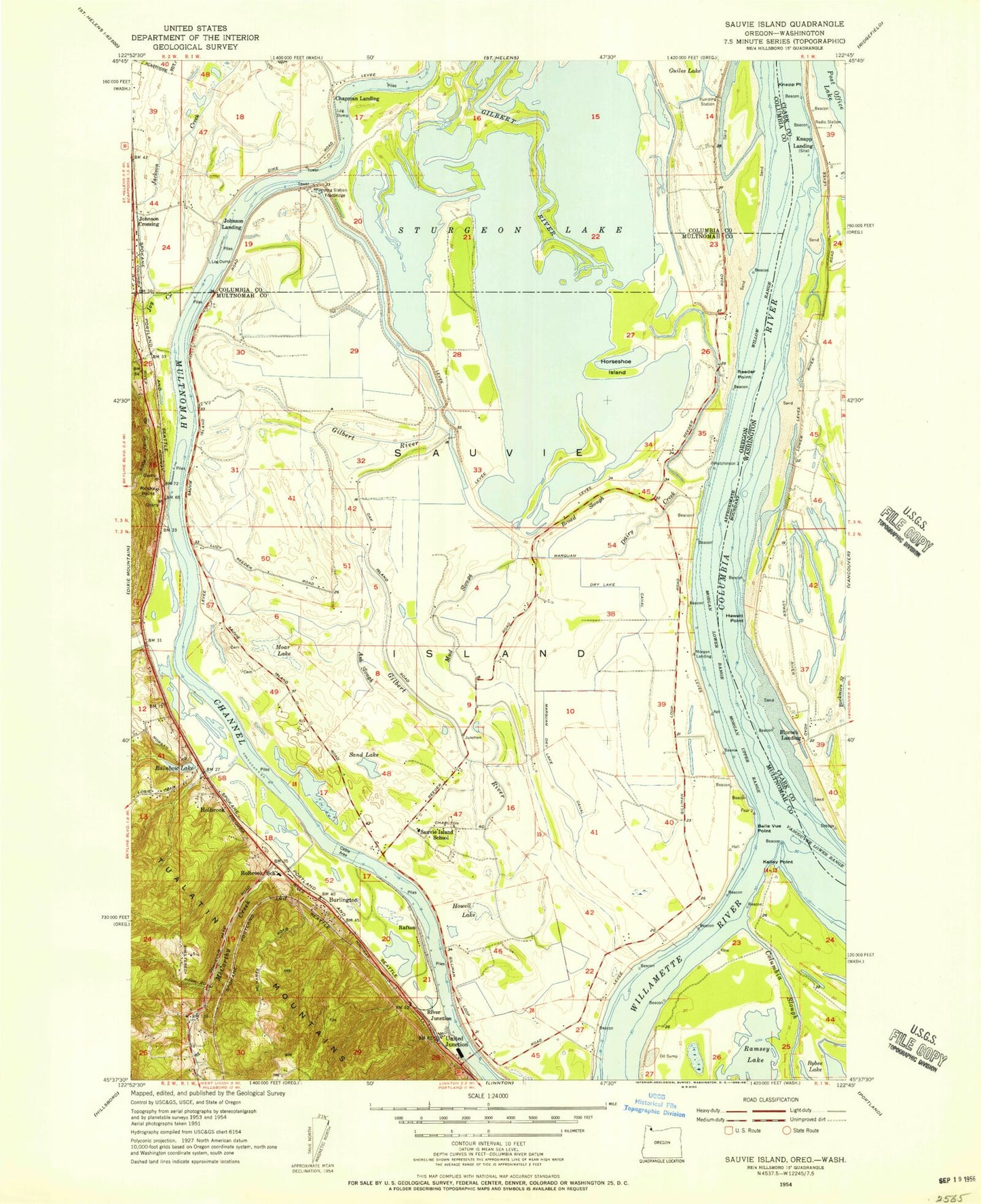 Classic USGS Sauvie Island Oregon 7.5'x7.5' Topo Map Image