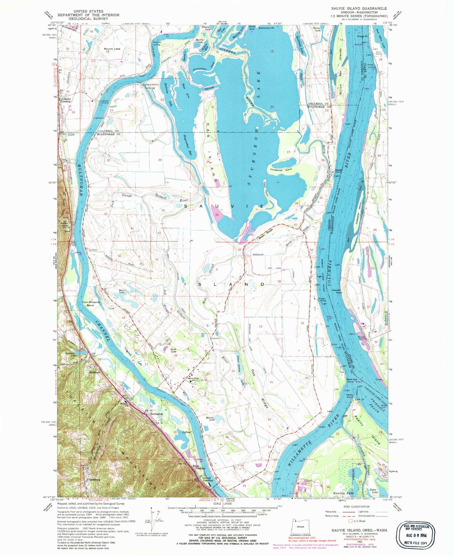 Classic USGS Sauvie Island Oregon 7.5'x7.5' Topo Map Image