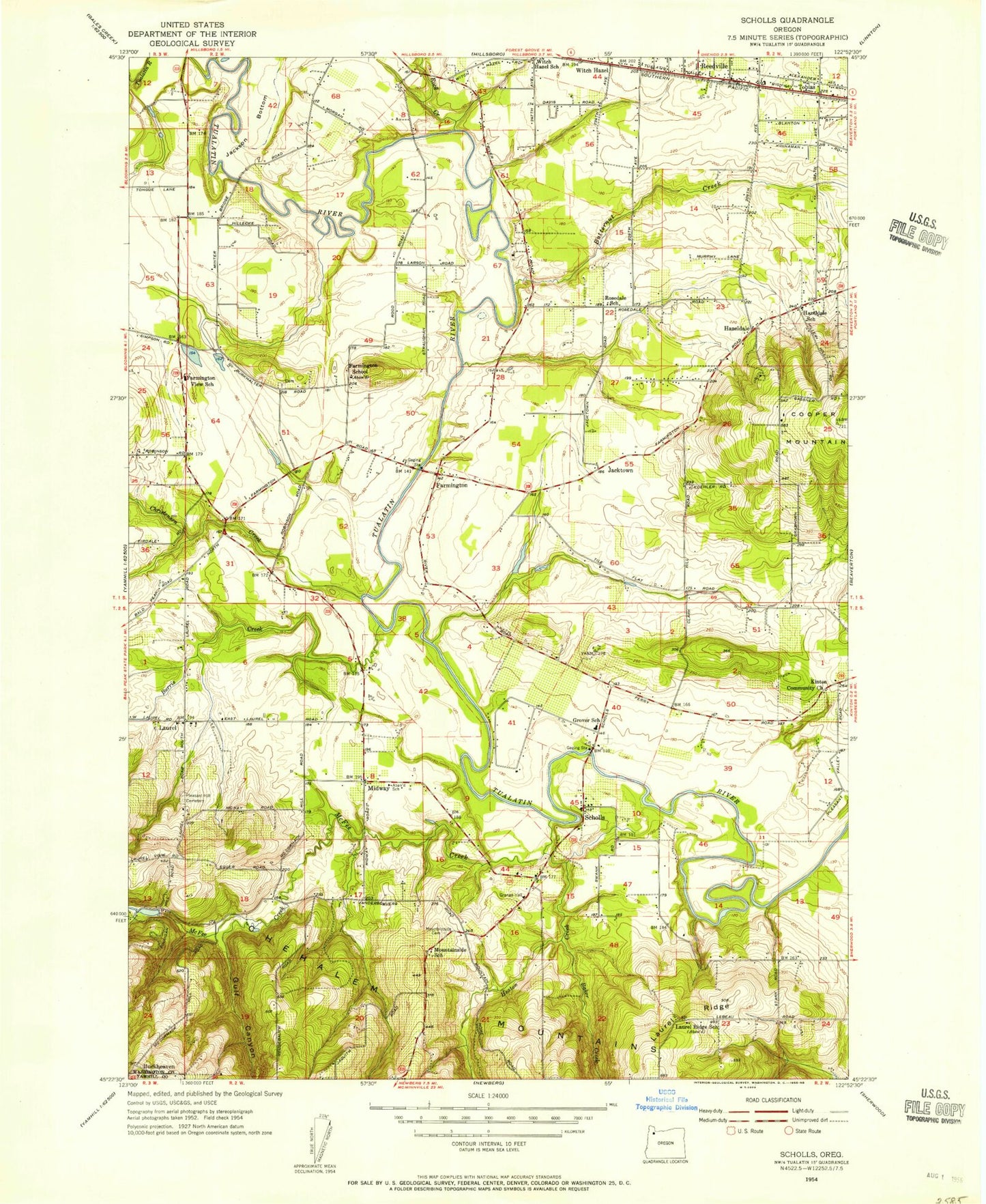 Classic USGS Scholls Oregon 7.5'x7.5' Topo Map Image