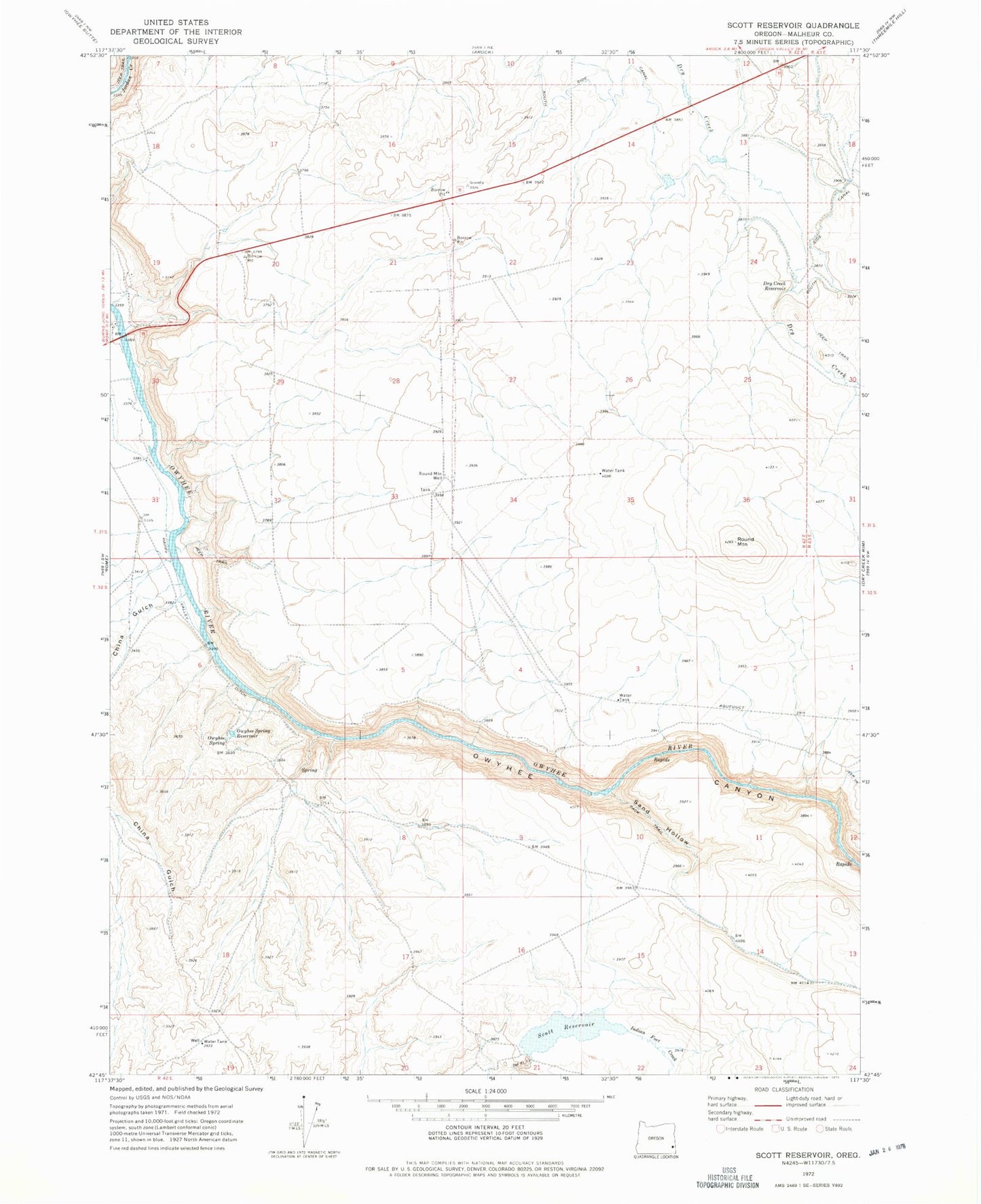 Classic USGS Scott Reservoir Oregon 7.5'x7.5' Topo Map Image
