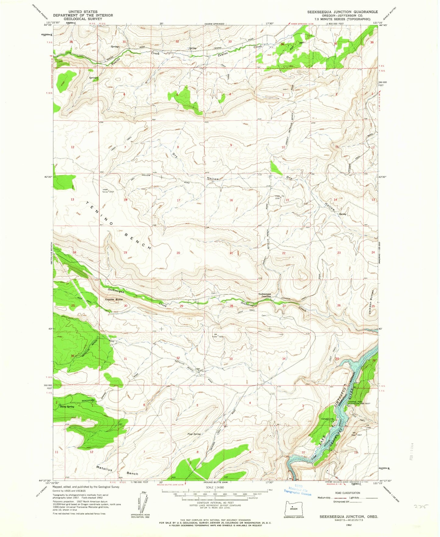 Classic USGS Seekseequa Junction Oregon 7.5'x7.5' Topo Map Image