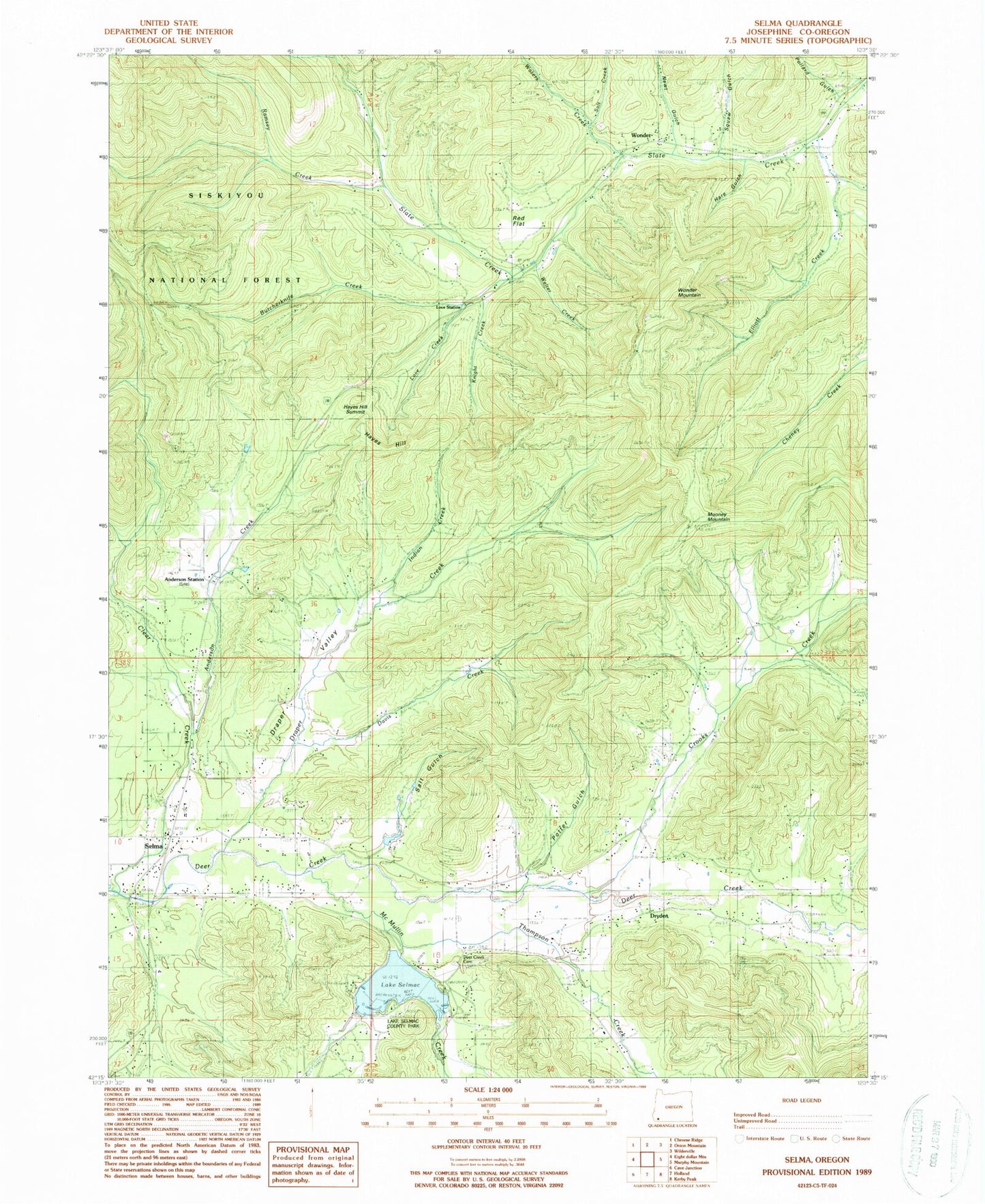 Classic USGS Selma Oregon 7.5'x7.5' Topo Map Image