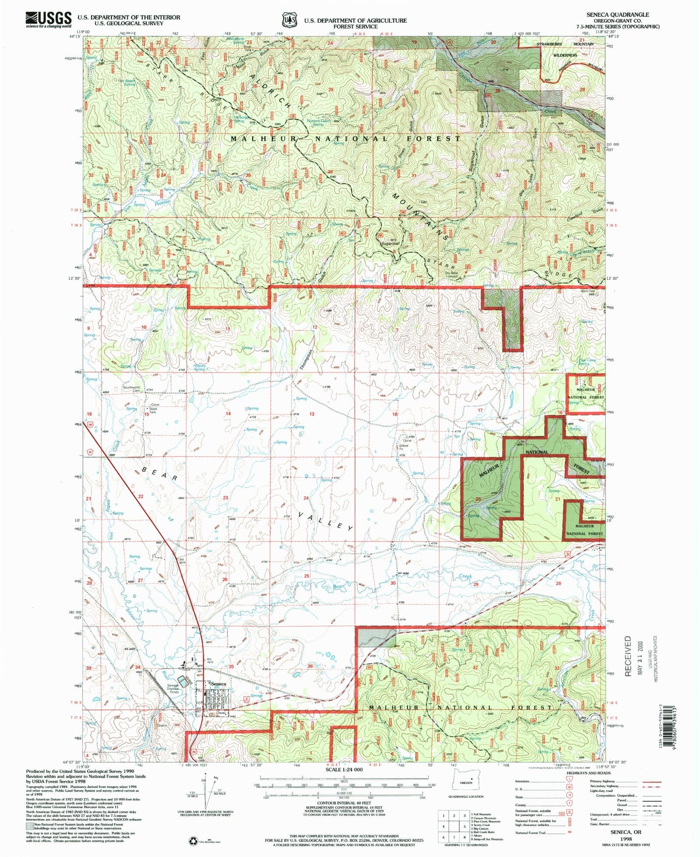 Classic USGS Seneca Oregon 7.5'x7.5' Topo Map Image