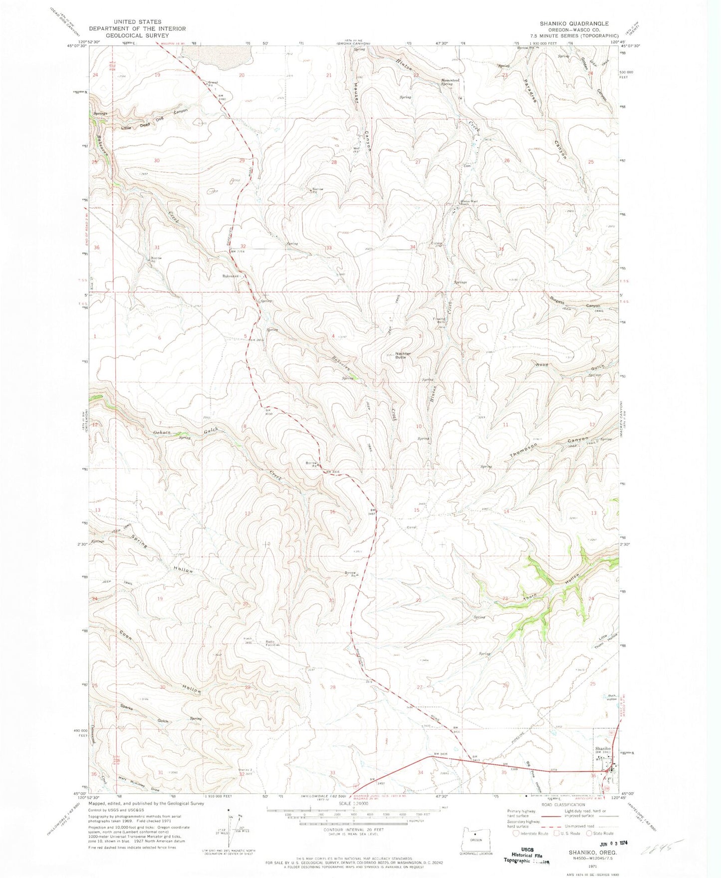 Classic USGS Shaniko Oregon 7.5'x7.5' Topo Map Image