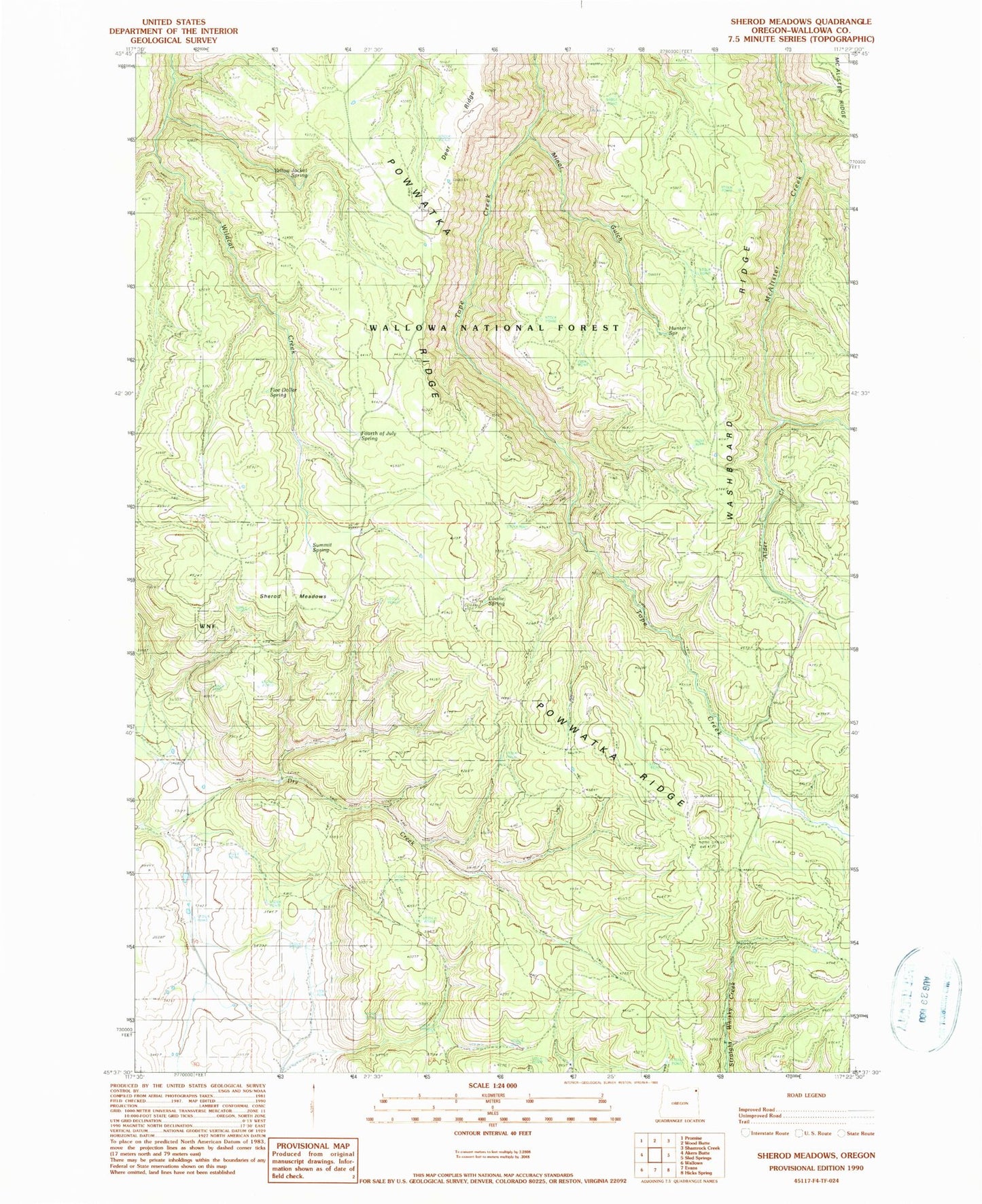 Classic USGS Sherod Meadows Oregon 7.5'x7.5' Topo Map Image