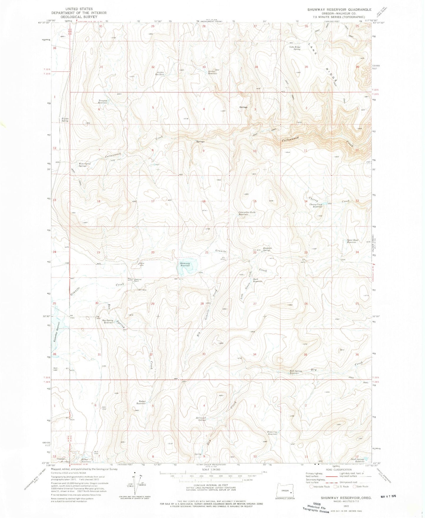 Classic USGS Shumway Reservoir Oregon 7.5'x7.5' Topo Map Image
