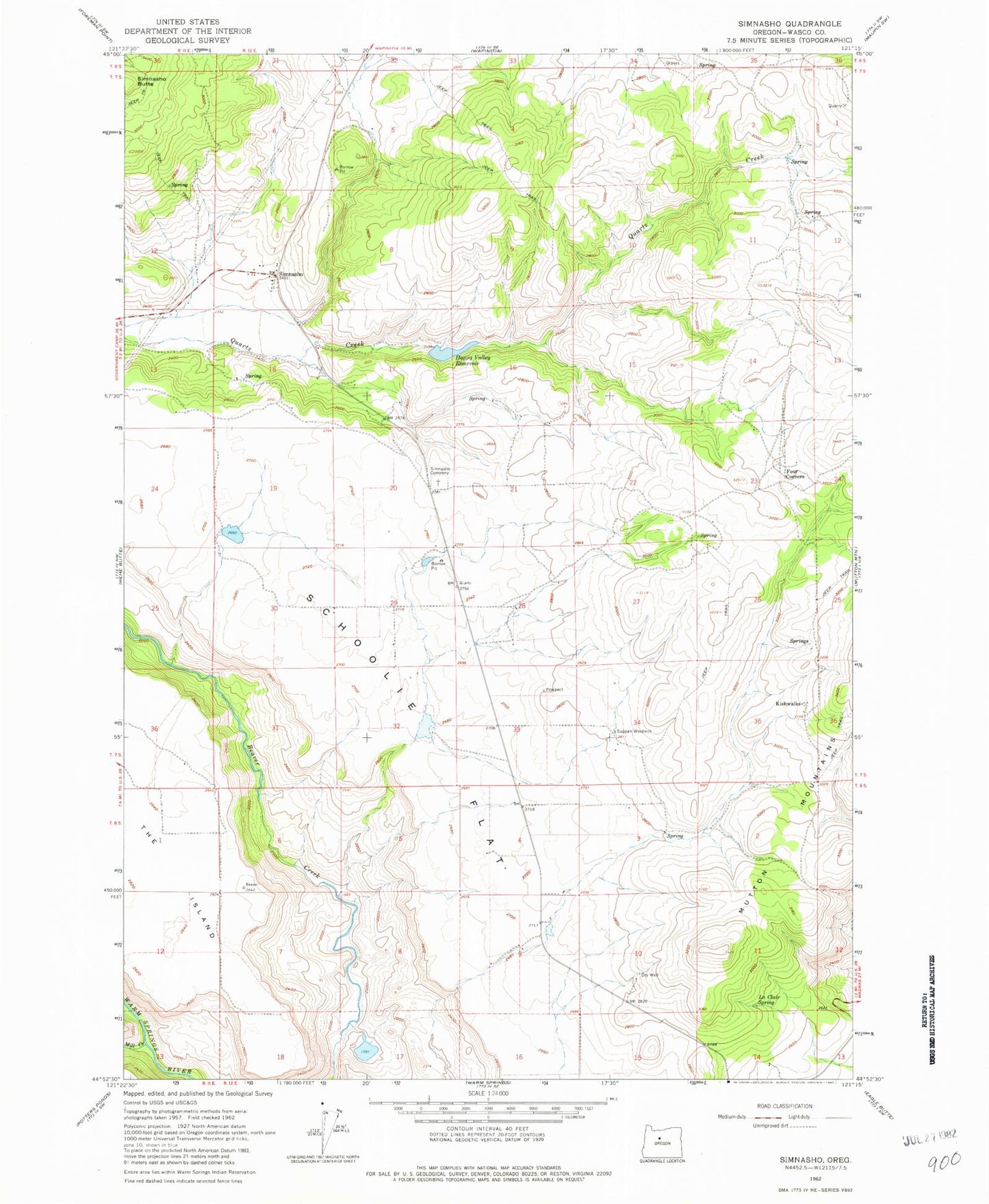 Classic USGS Simnasho Oregon 7.5'x7.5' Topo Map Image