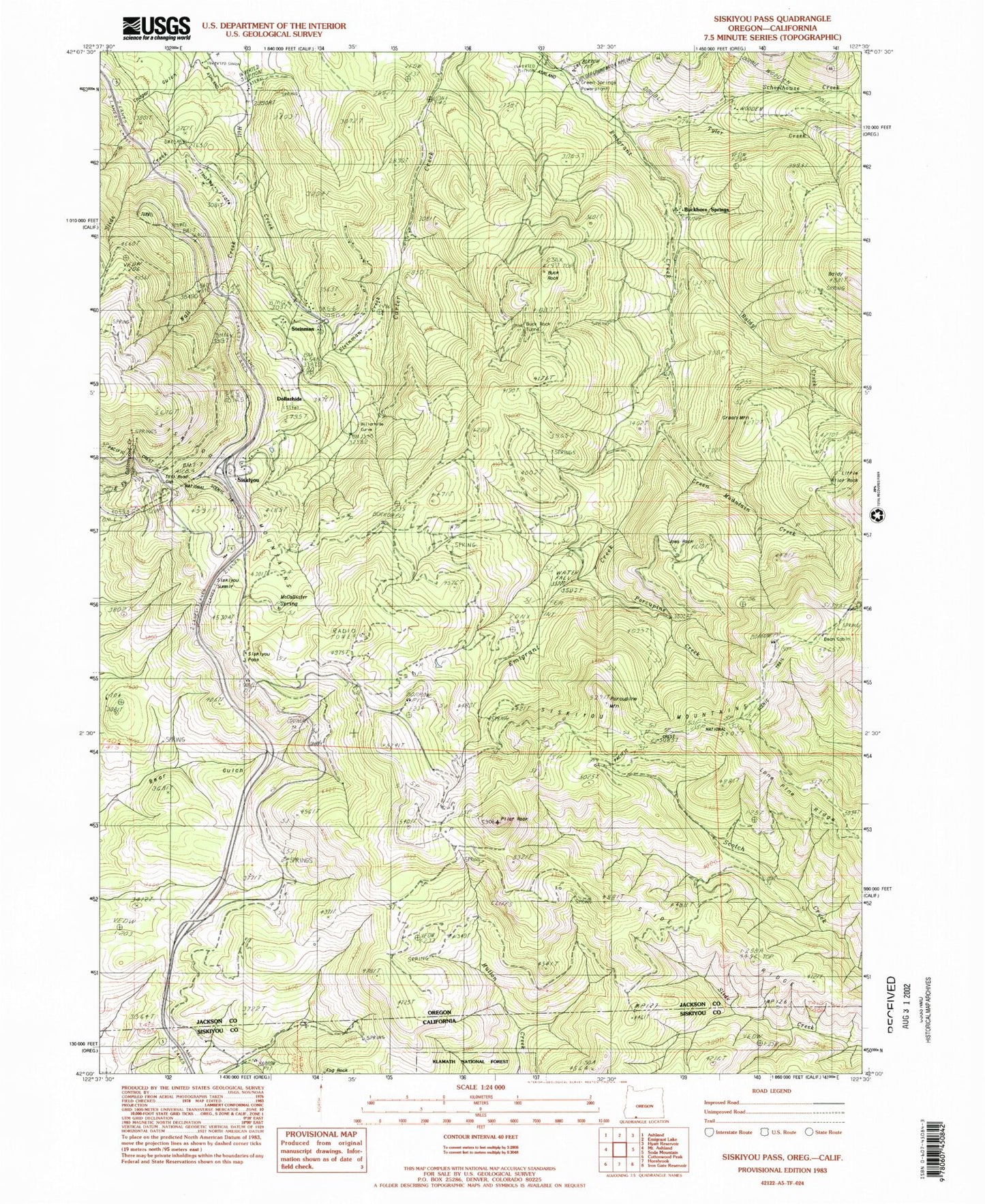 Classic USGS Siskiyou Pass Oregon 7.5'x7.5' Topo Map Image