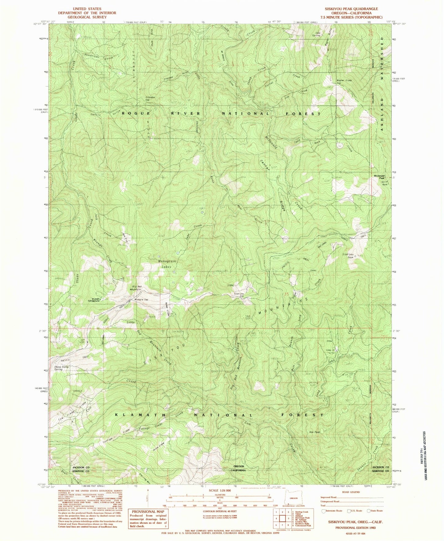 Classic USGS Siskiyou Peak Oregon 7.5'x7.5' Topo Map Image