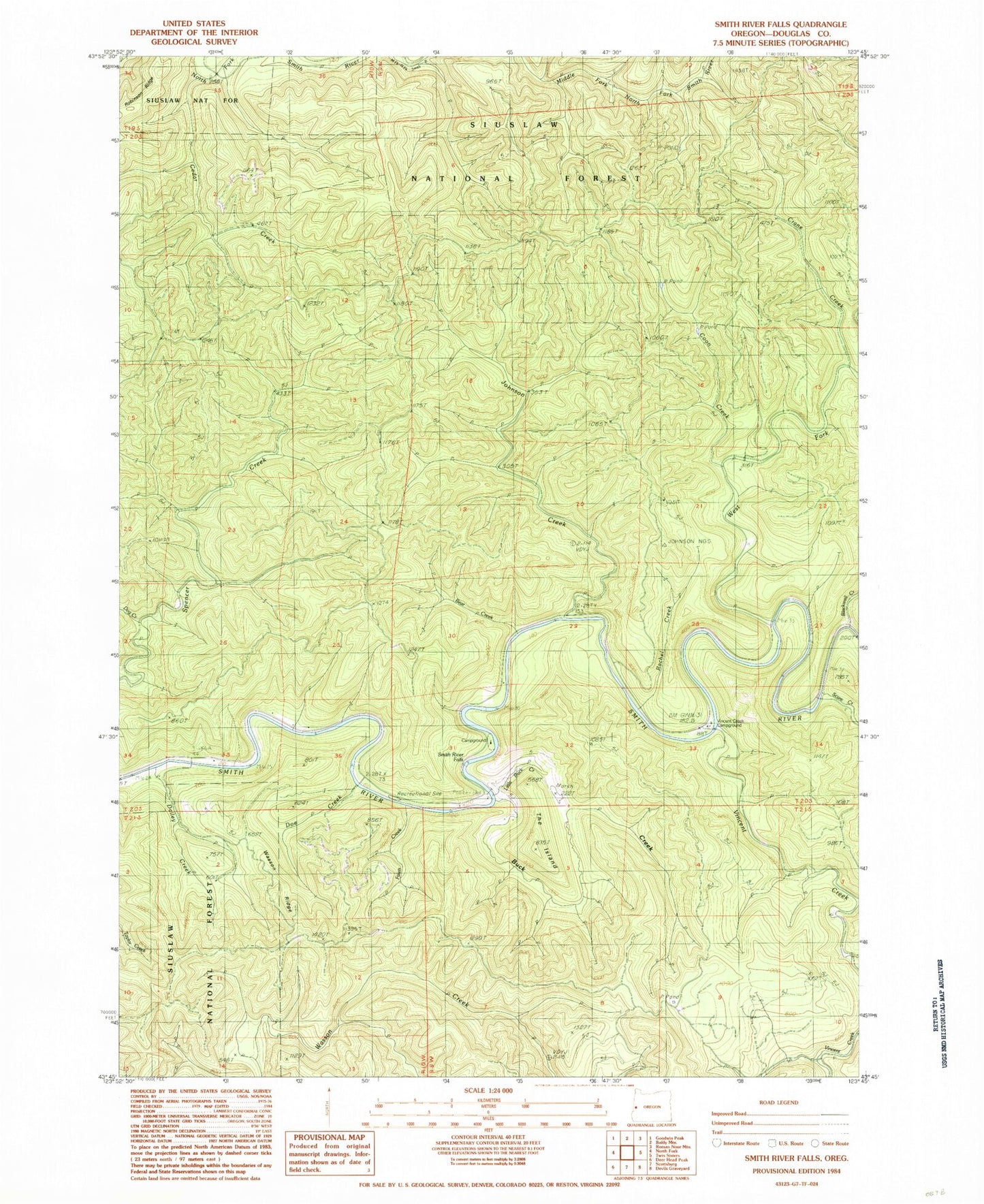 Classic USGS Smith River Falls Oregon 7.5'x7.5' Topo Map Image