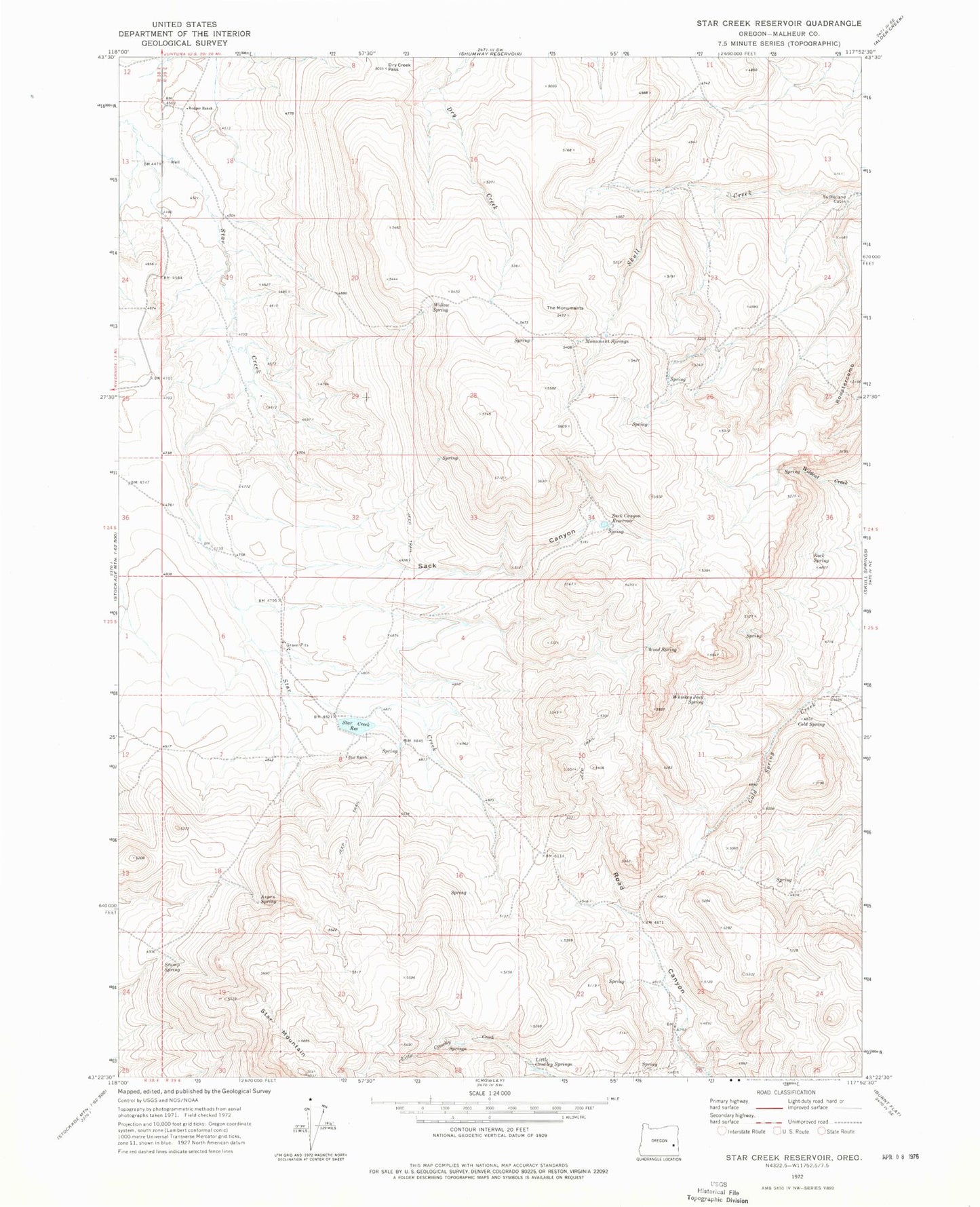Classic USGS Star Creek Reservoir Oregon 7.5'x7.5' Topo Map Image