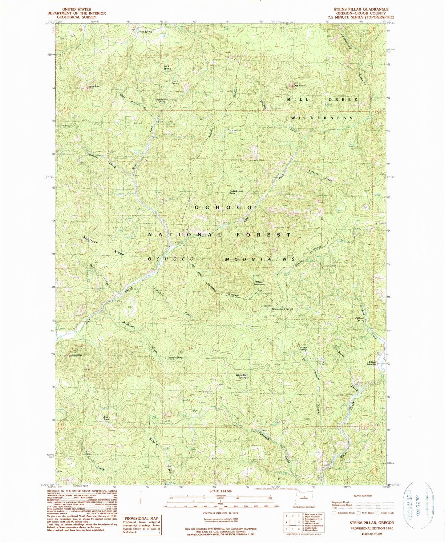 Classic USGS Steins Pillar Oregon 7.5'x7.5' Topo Map Image