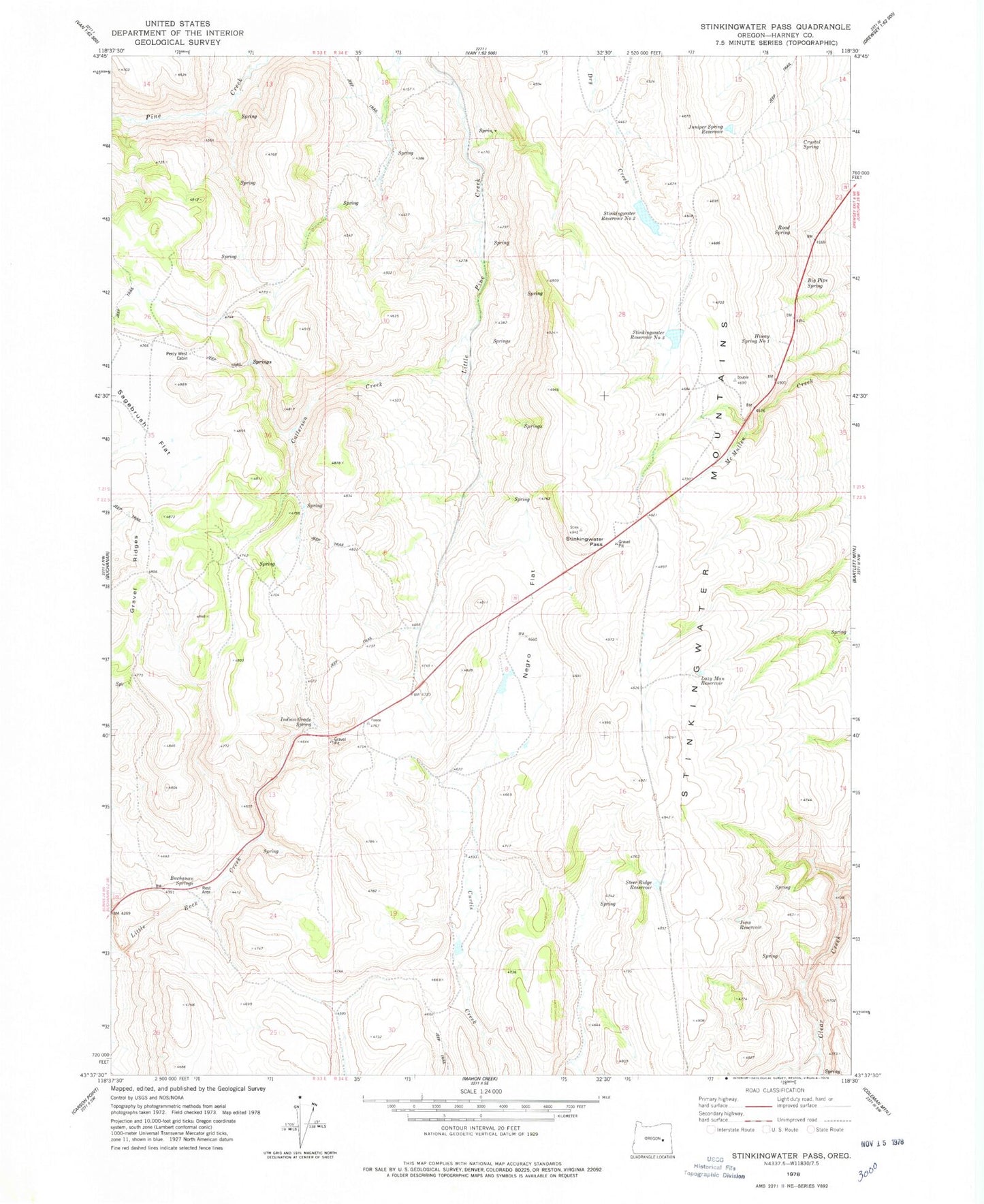 Classic USGS Stinkingwater Pass Oregon 7.5'x7.5' Topo Map Image