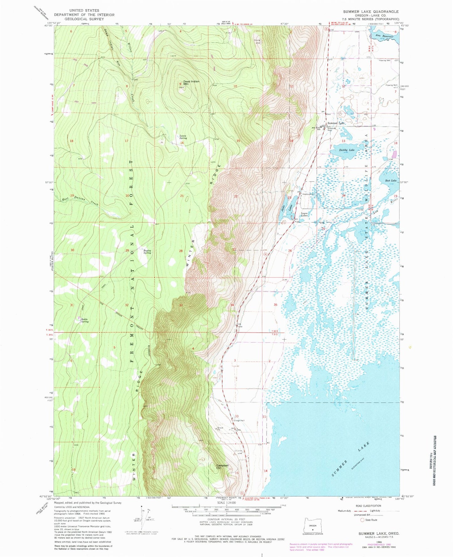 Classic USGS Summer Lake Oregon 7.5'x7.5' Topo Map Image
