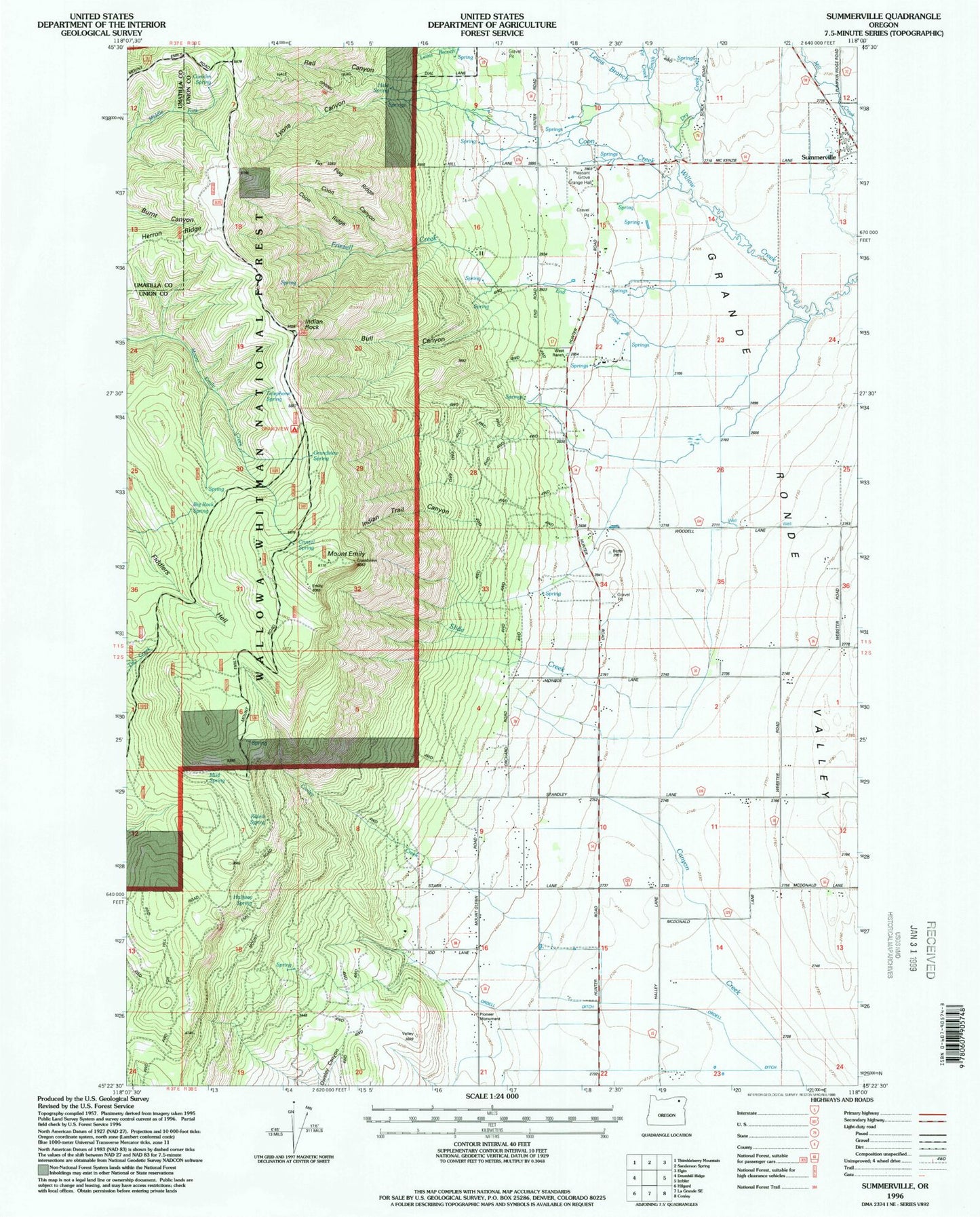 Classic USGS Summerville Oregon 7.5'x7.5' Topo Map Image