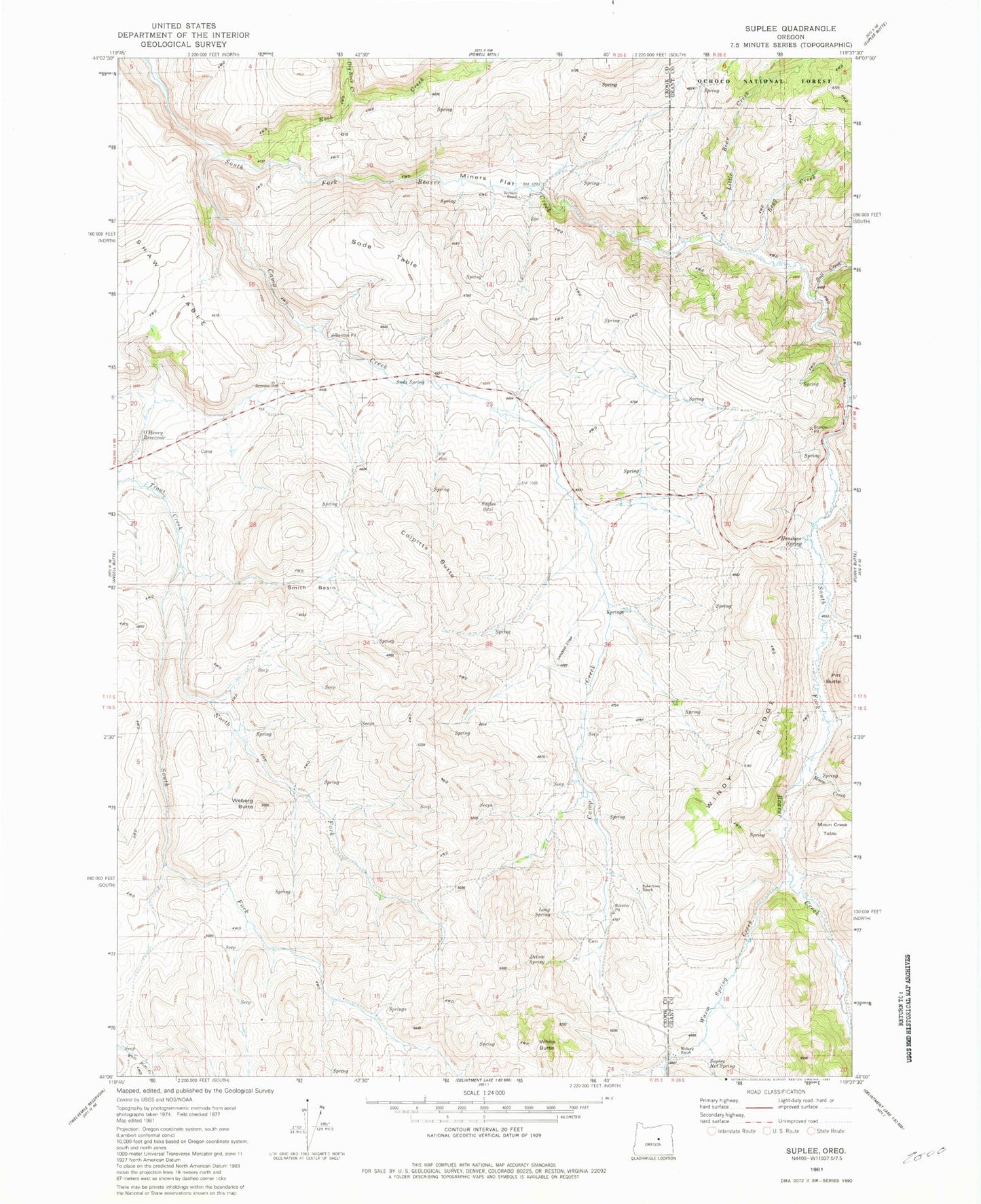 Classic USGS Suplee Oregon 7.5'x7.5' Topo Map Image