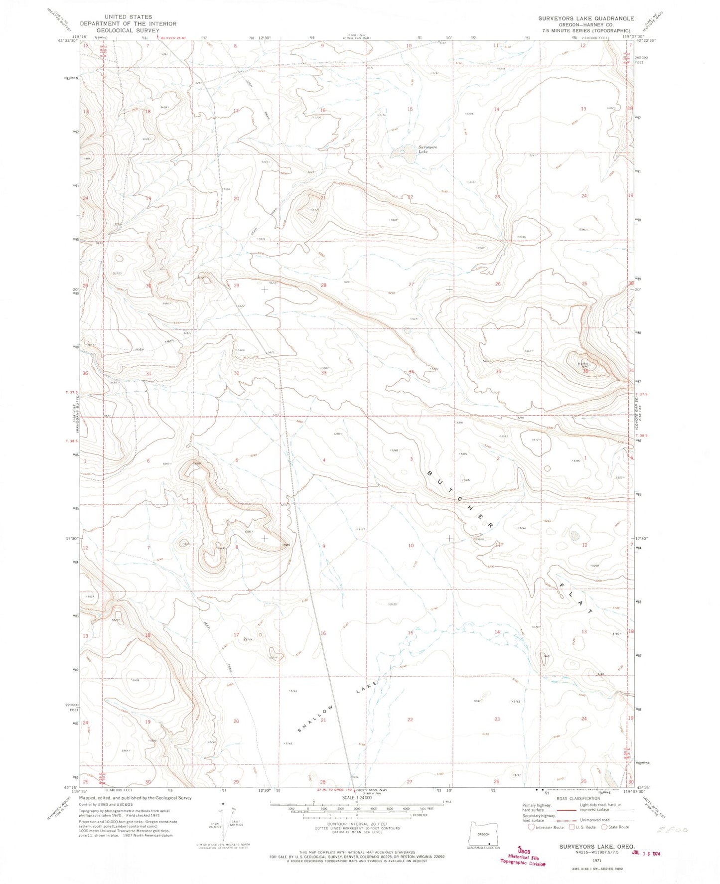 Classic USGS Surveyors Lake Oregon 7.5'x7.5' Topo Map Image