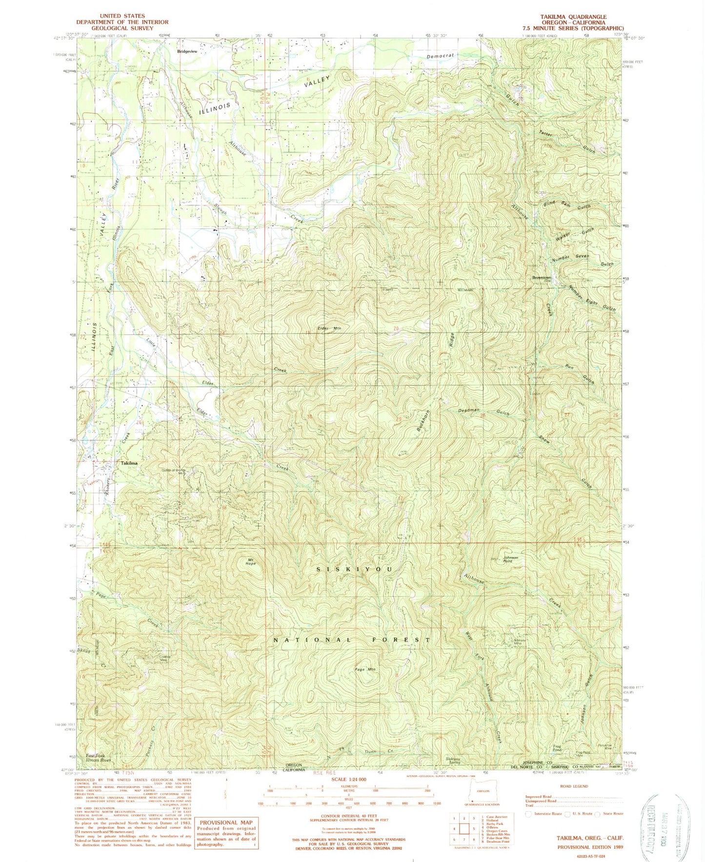 Classic USGS Takilma Oregon 7.5'x7.5' Topo Map Image