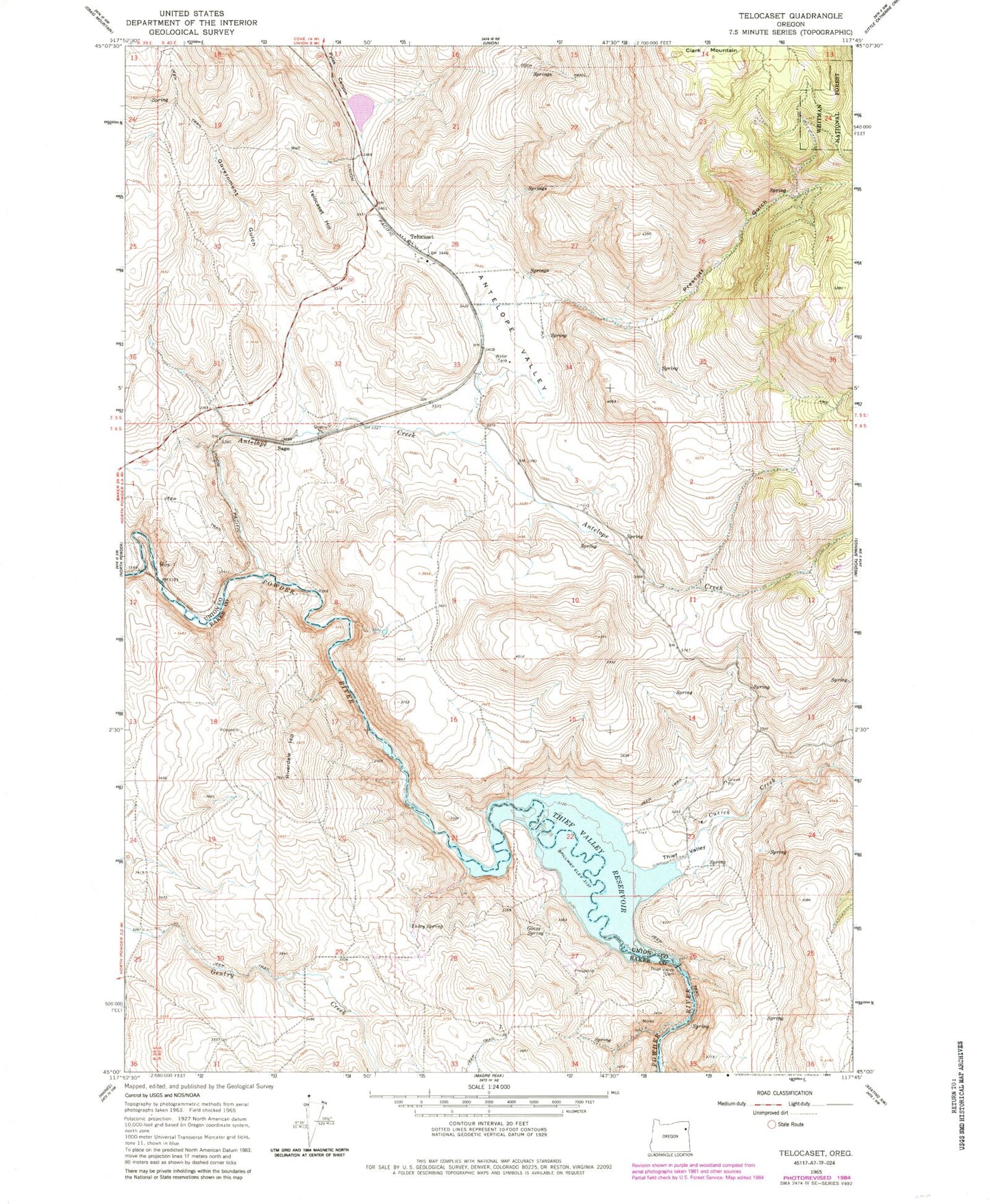 Classic USGS Telocaset Oregon 7.5'x7.5' Topo Map Image