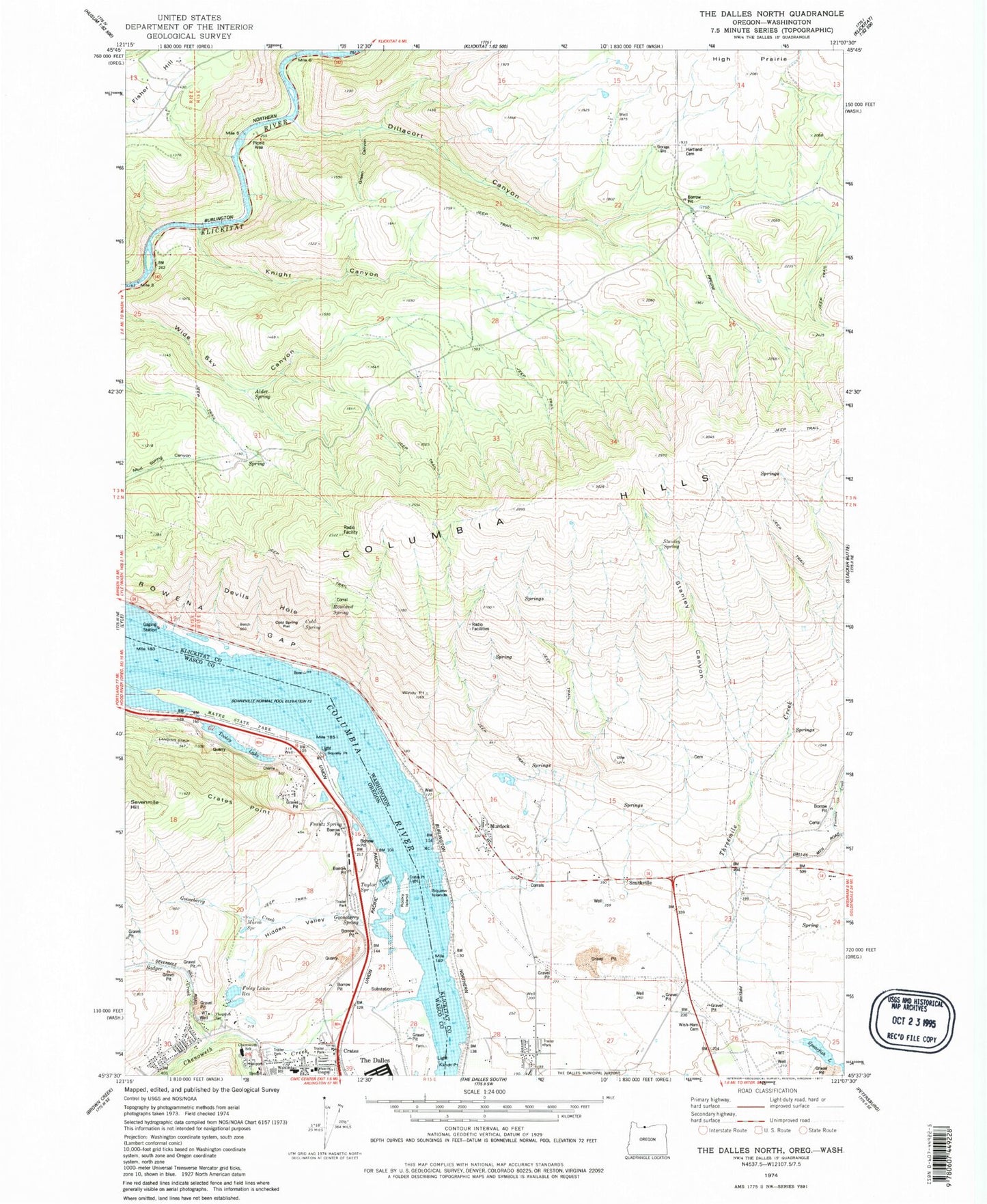 Classic USGS The Dalles North Oregon 7.5'x7.5' Topo Map Image