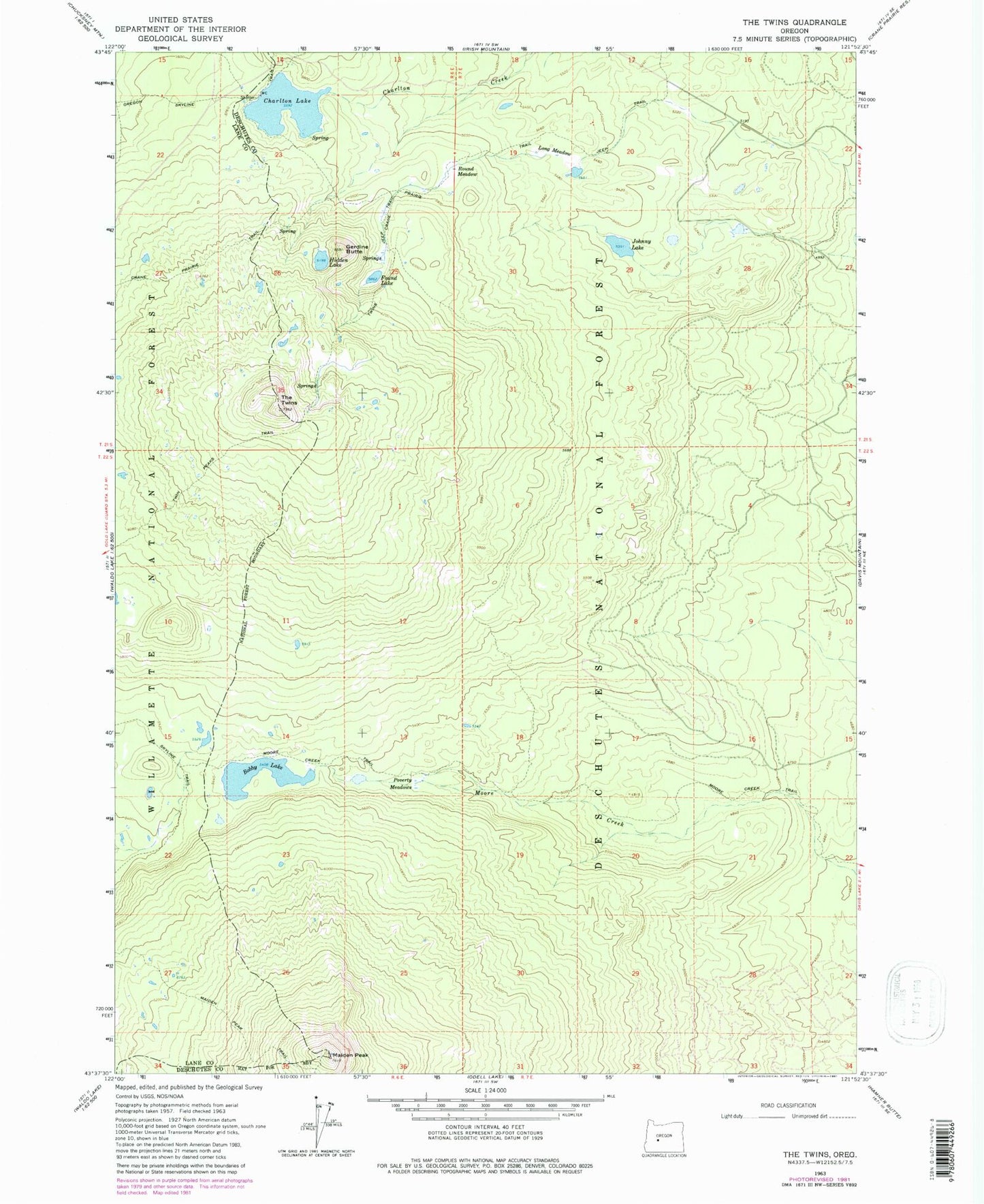 Classic USGS The Twins Oregon 7.5'x7.5' Topo Map Image