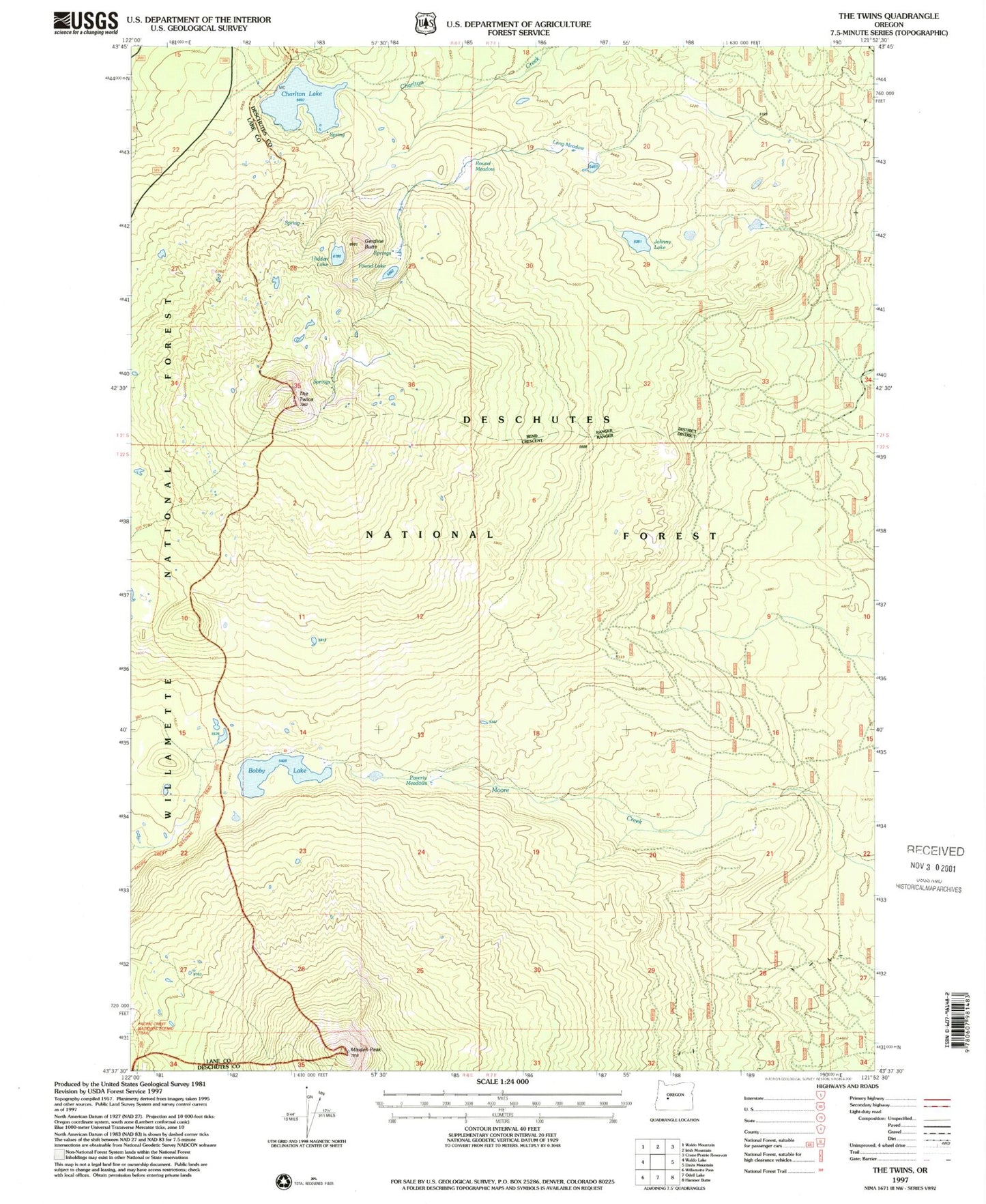 Classic USGS The Twins Oregon 7.5'x7.5' Topo Map Image